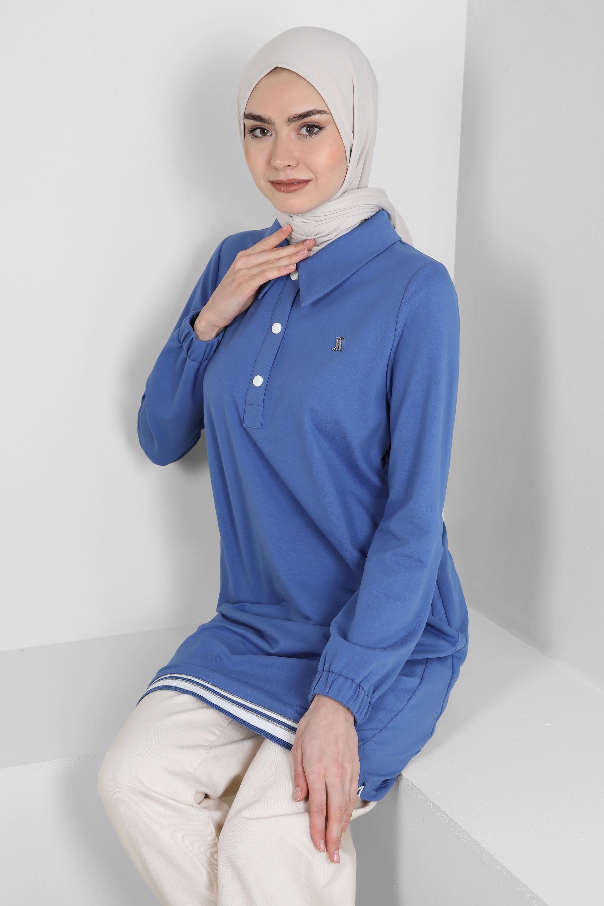 Tesettür giyim MAVİ POLO YAKA DÜĞMELİ EŞOFMAN TUNİK 43844