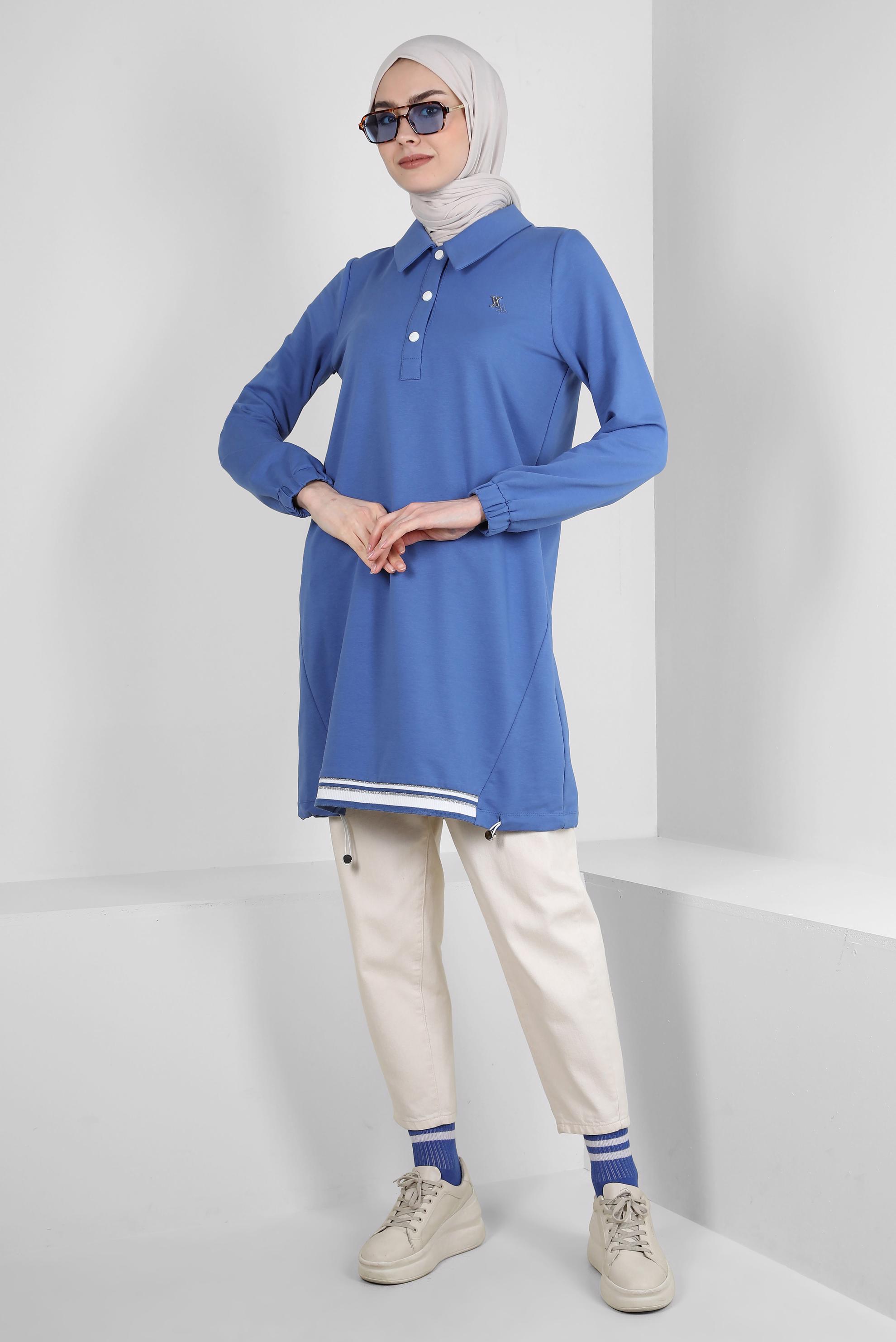Tesettür giyim MAVİ POLO YAKA DÜĞMELİ EŞOFMAN TUNİK 43844
