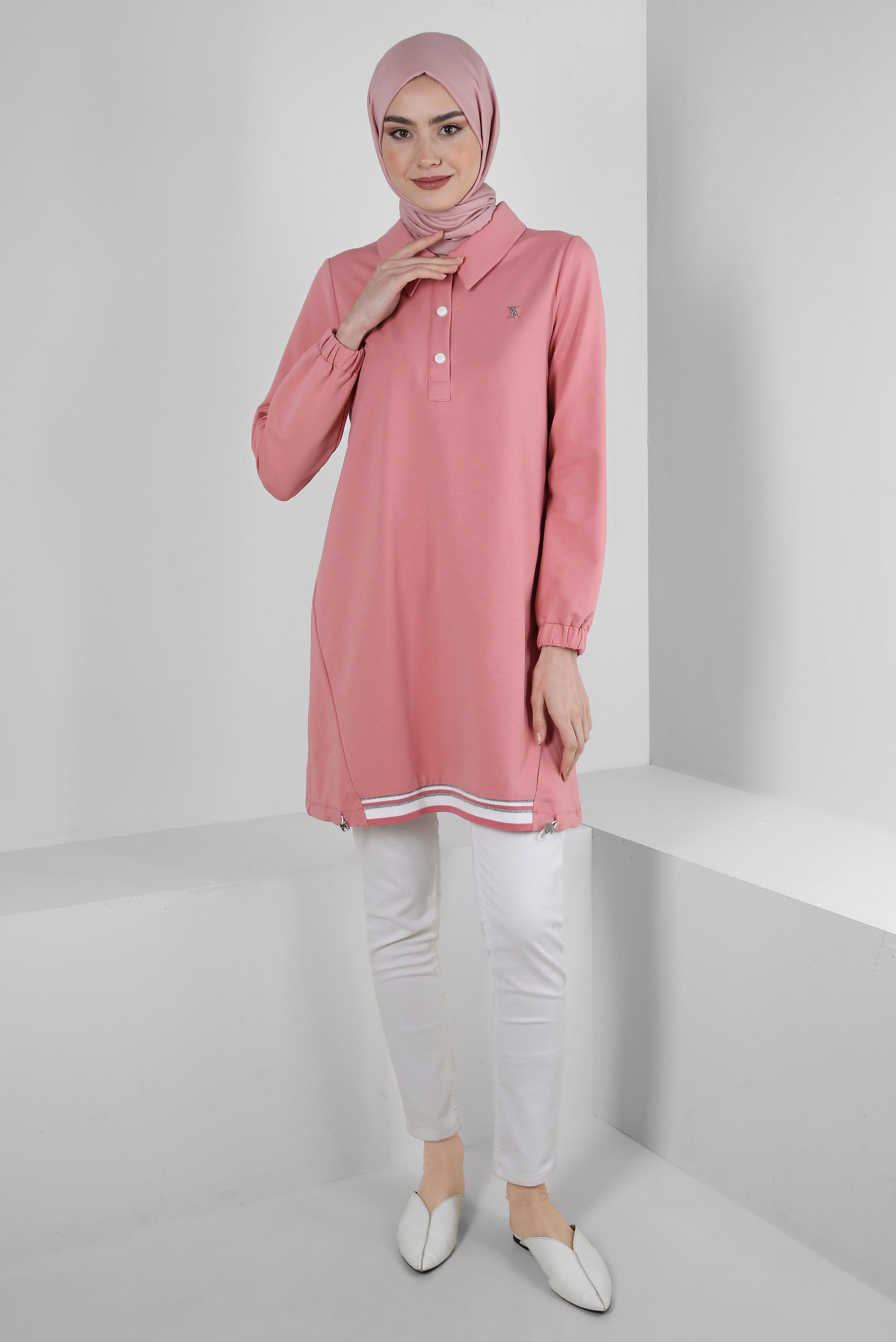 Tesettür giyim PEMBE POLO YAKA DÜĞMELİ EŞOFMAN TUNİK 43844