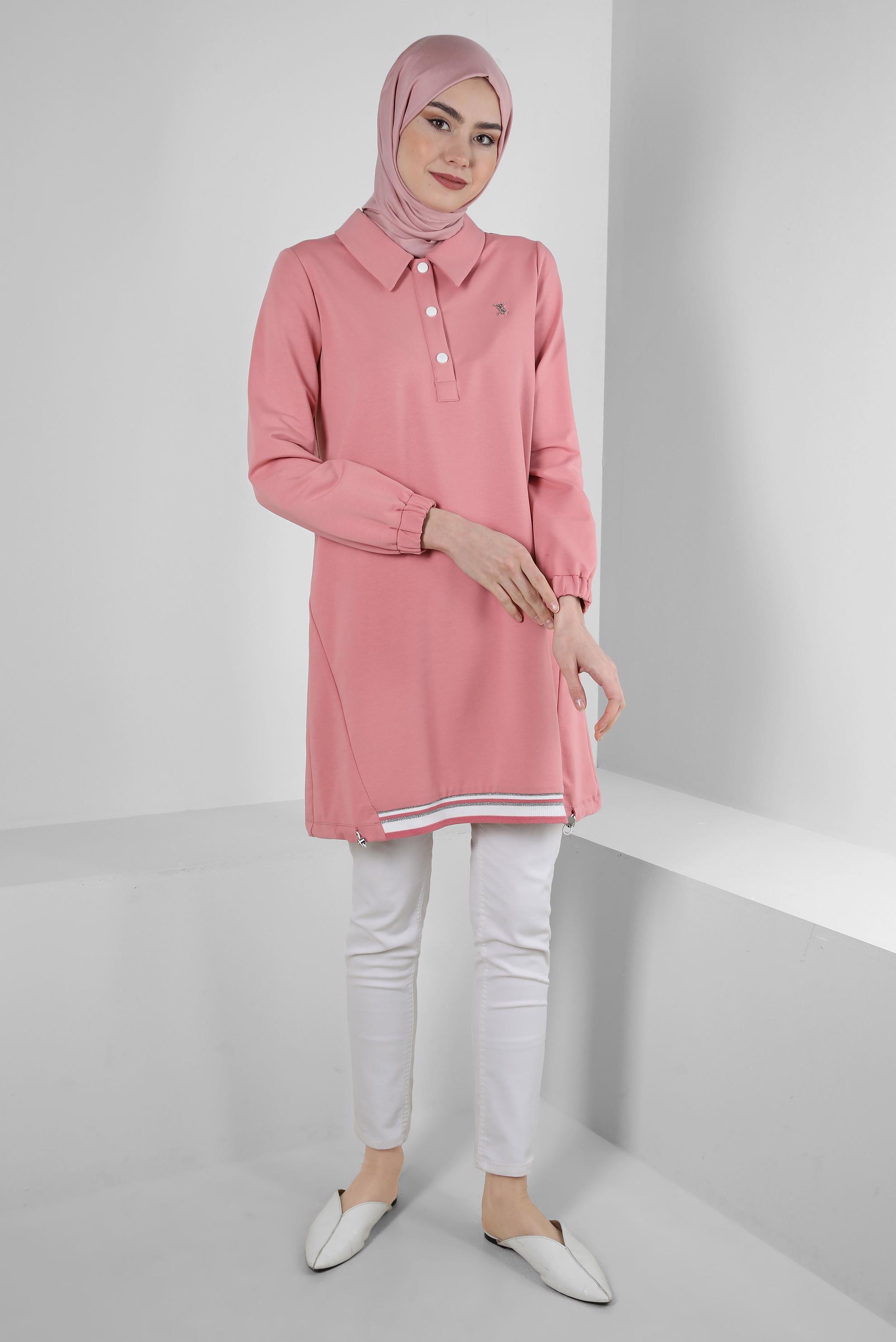 Tesettür giyim PEMBE POLO YAKA DÜĞMELİ EŞOFMAN TUNİK 43844