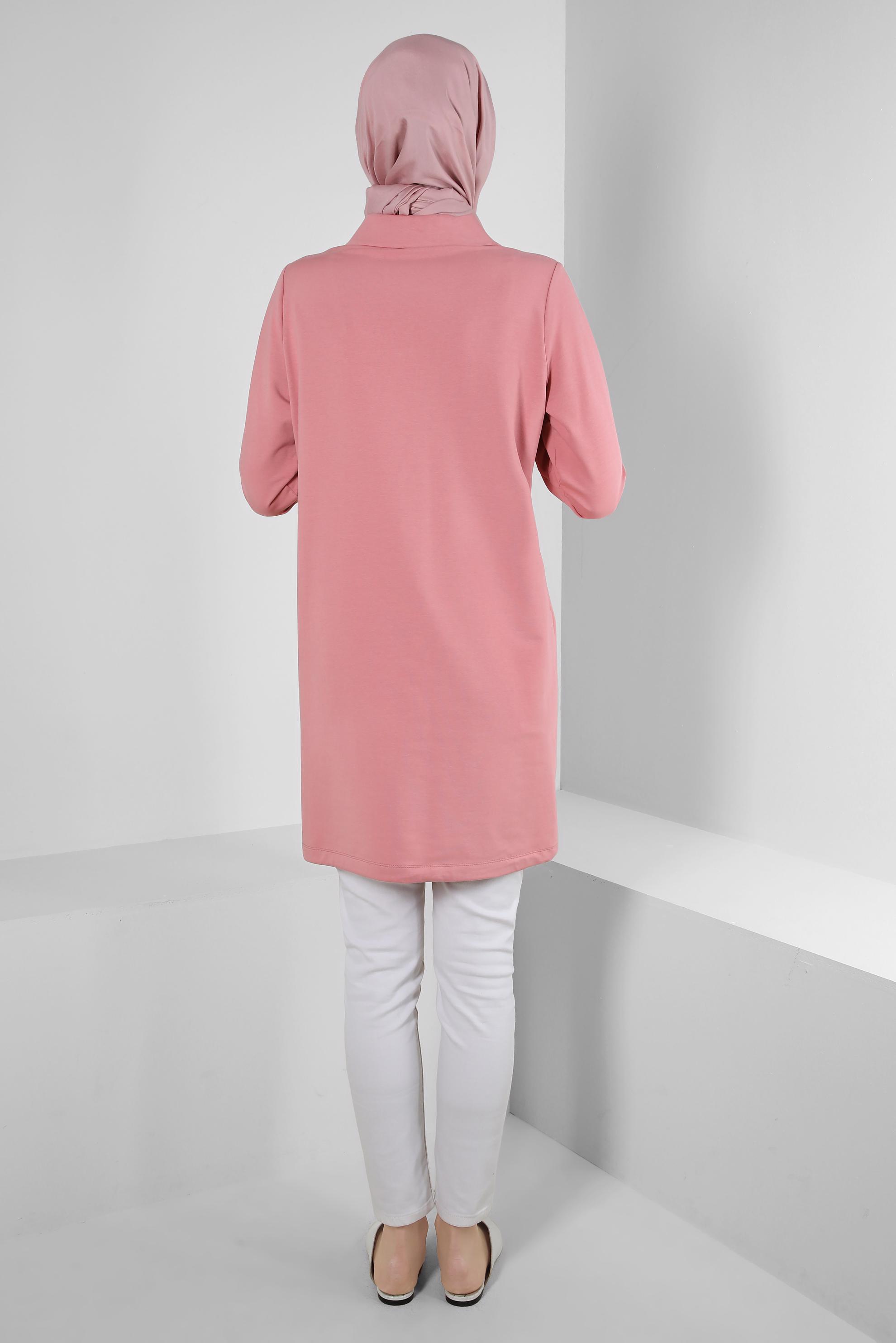 Tesettür giyim PEMBE POLO YAKA DÜĞMELİ EŞOFMAN TUNİK 43844