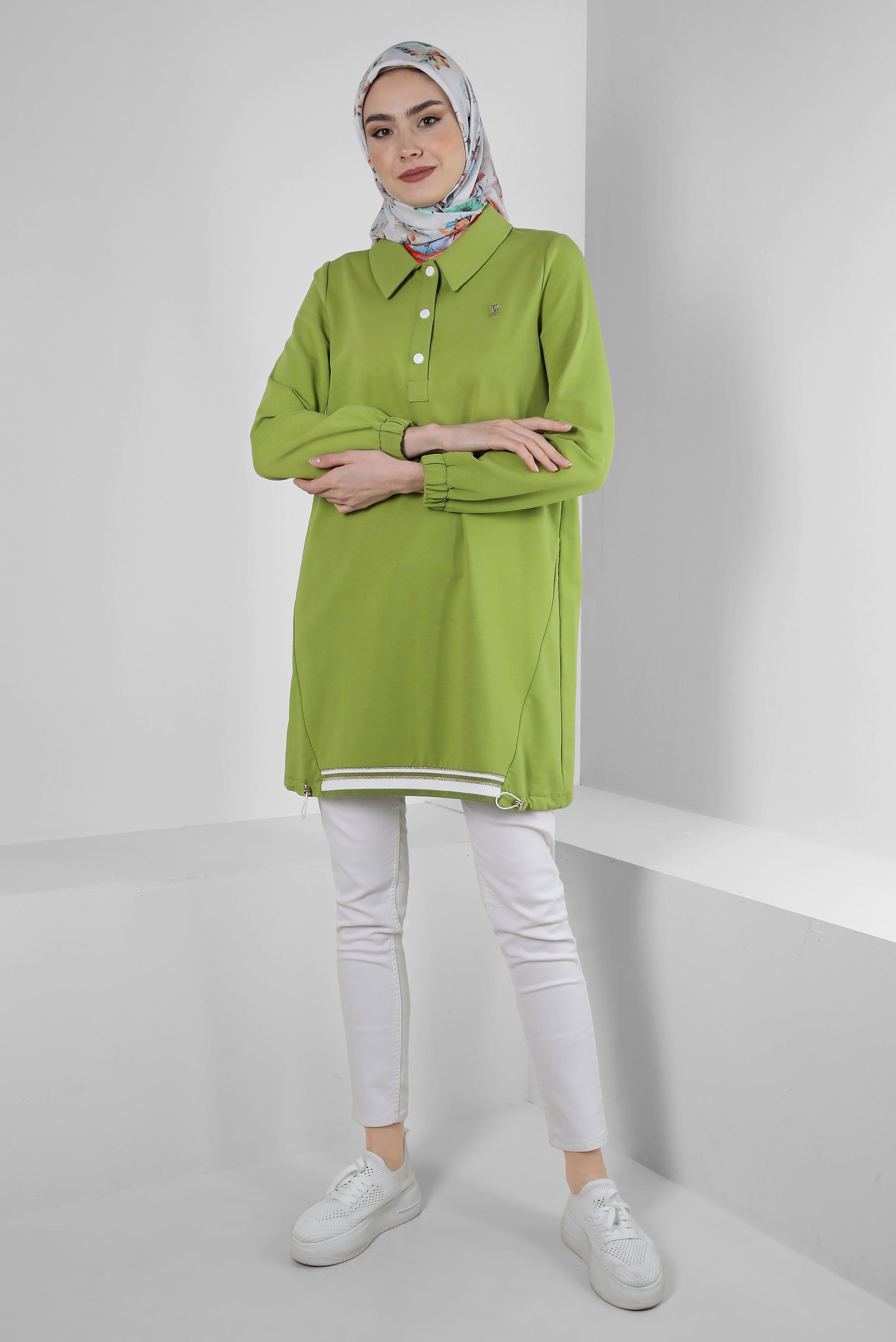 Tesettür giyim YEŞİL POLO YAKA DÜĞMELİ EŞOFMAN TUNİK 43844