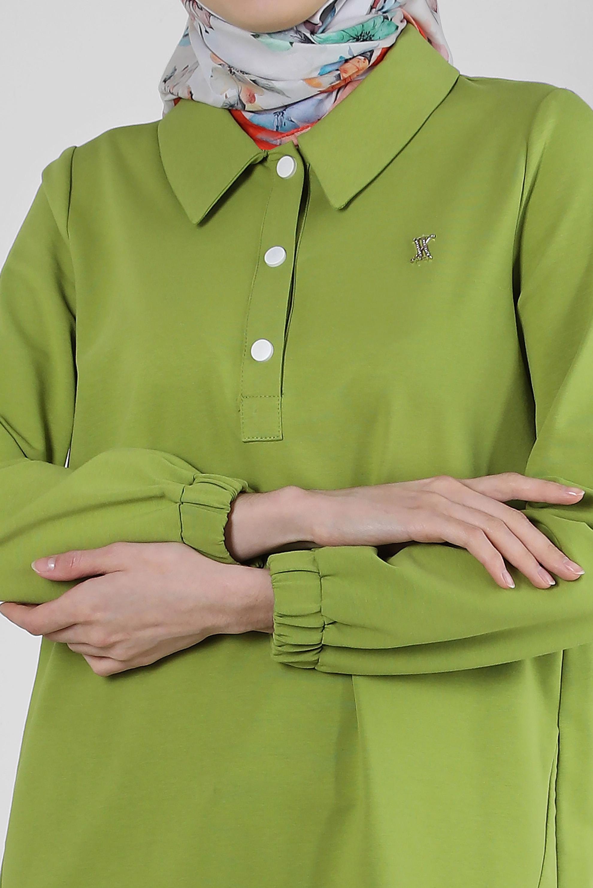 Tesettür giyim YEŞİL POLO YAKA DÜĞMELİ EŞOFMAN TUNİK 43844