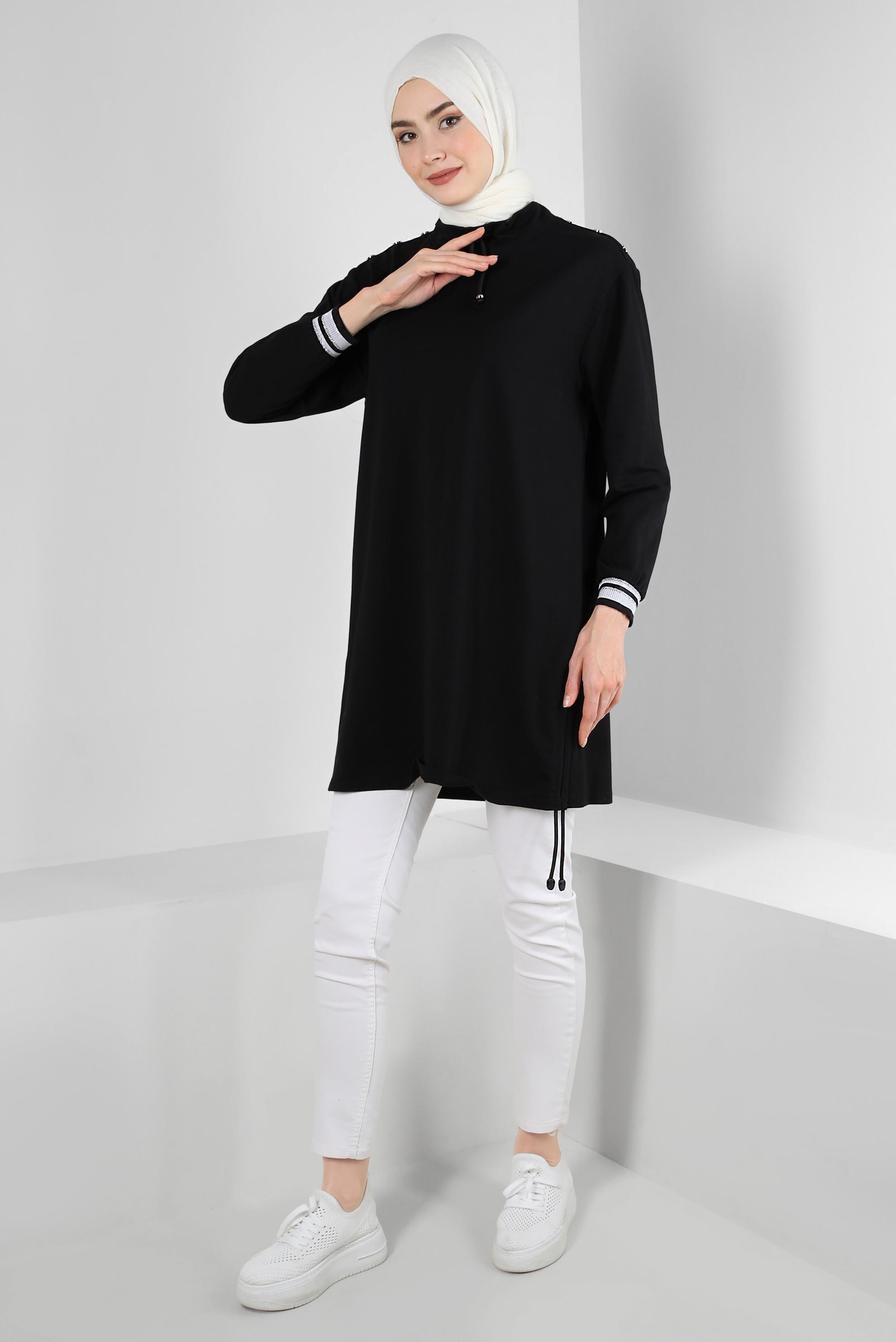 Tesettür giyim SİYAH YAKASI BÜZGÜLÜ EŞOFMAN TUNİK 43845