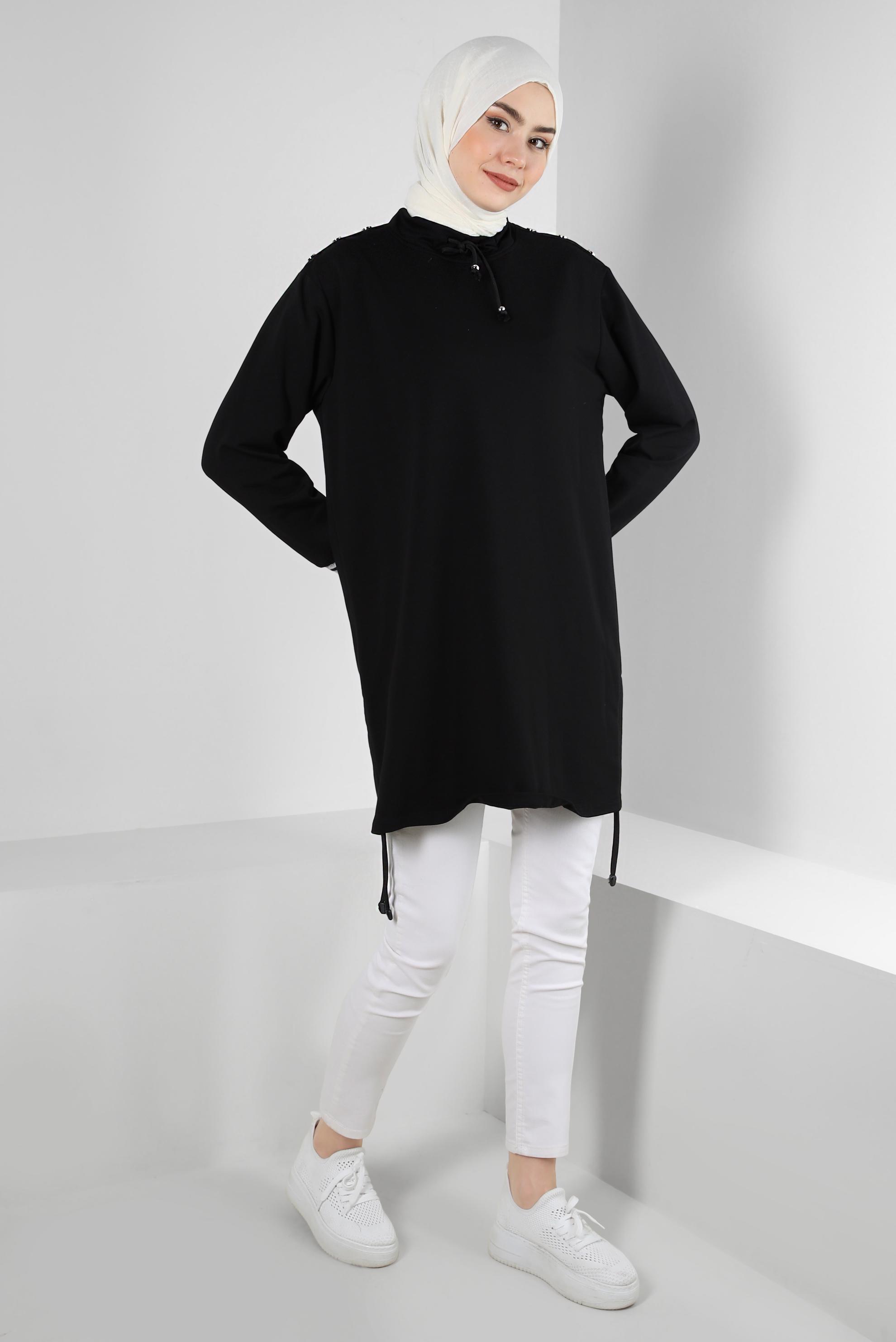 Tesettür giyim SİYAH YAKASI BÜZGÜLÜ EŞOFMAN TUNİK 43845