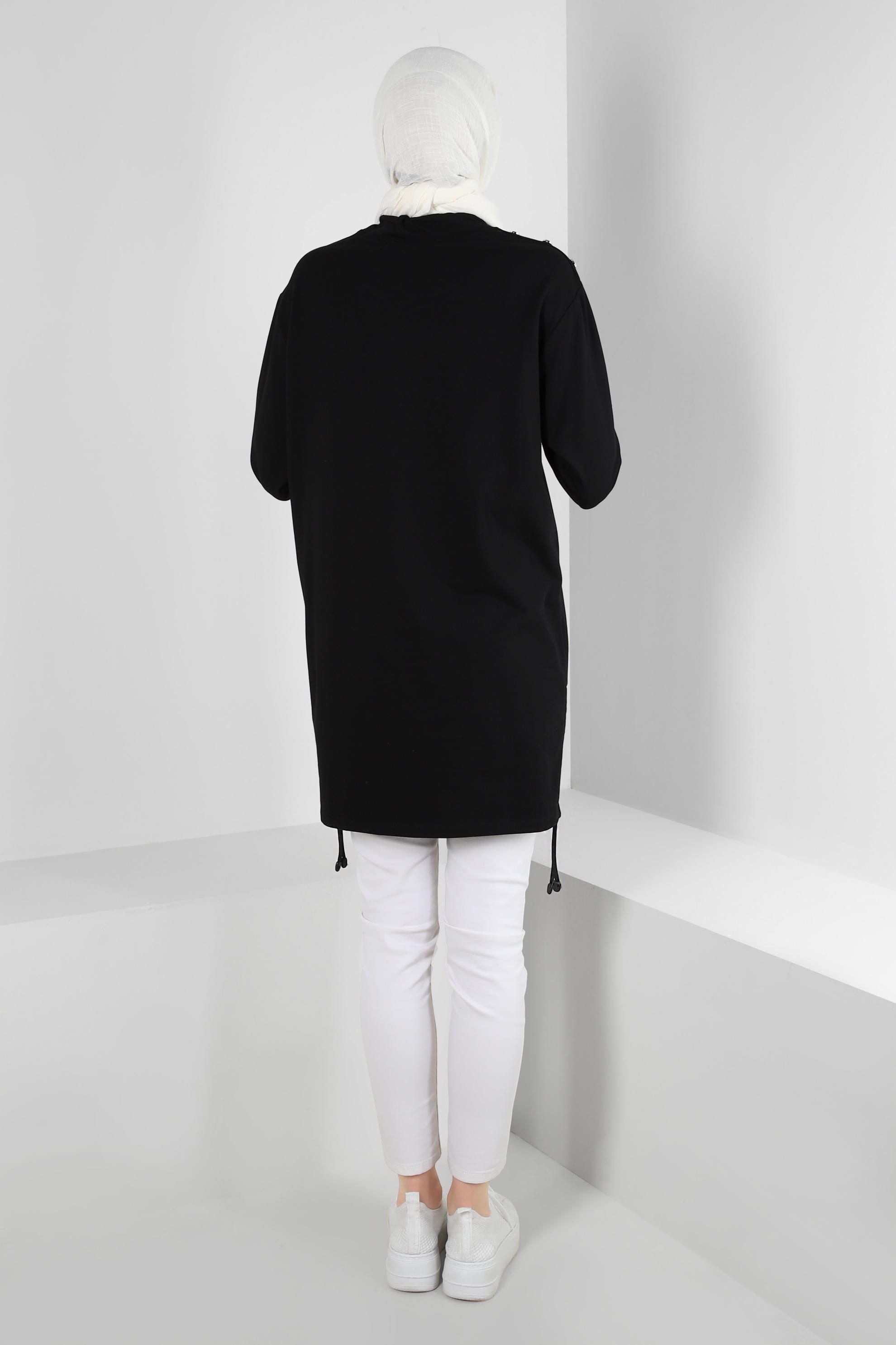 Tesettür giyim SİYAH YAKASI BÜZGÜLÜ EŞOFMAN TUNİK 43845