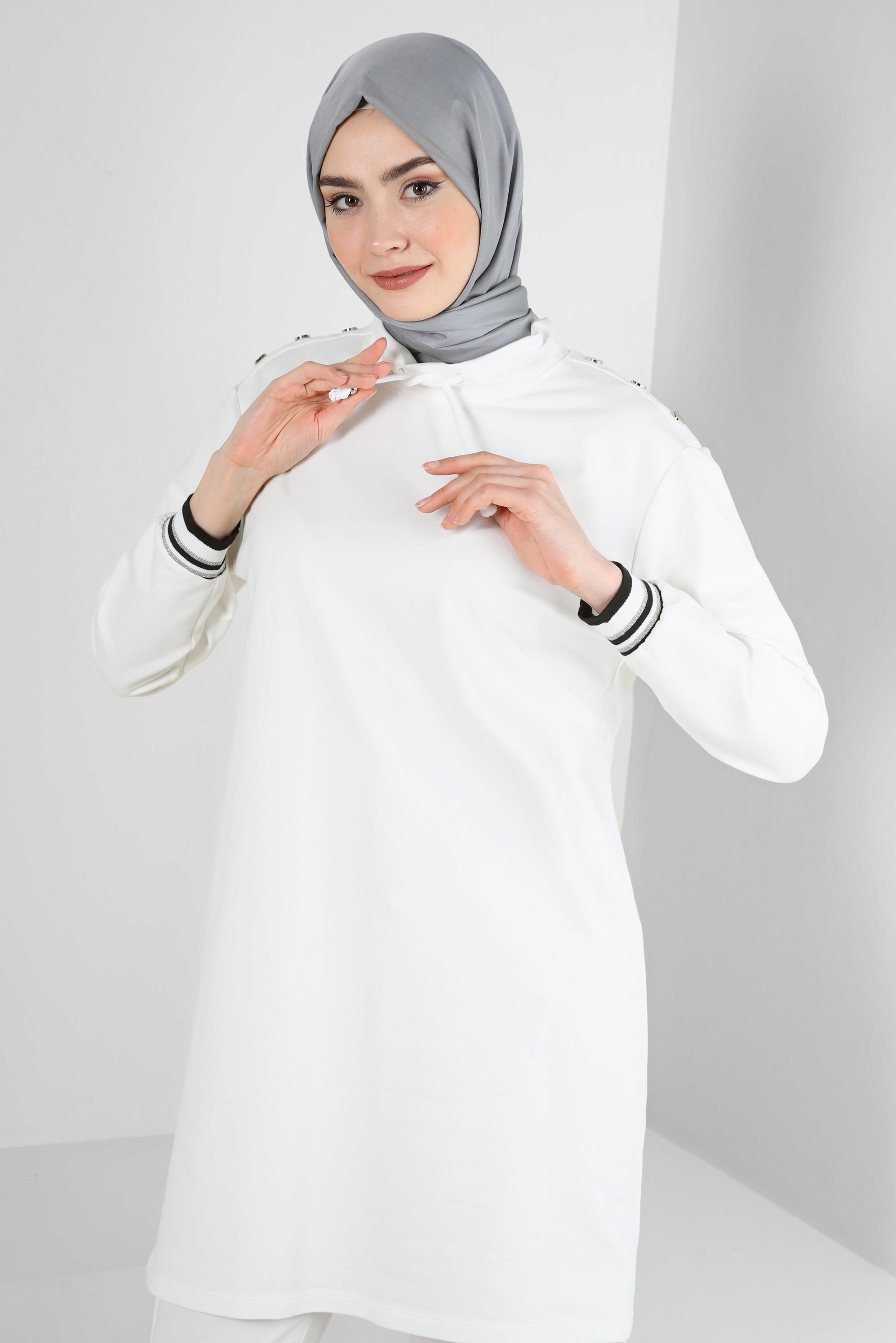 Tesettür giyim BEYAZ YAKASI BÜZGÜLÜ EŞOFMAN TUNİK 43845