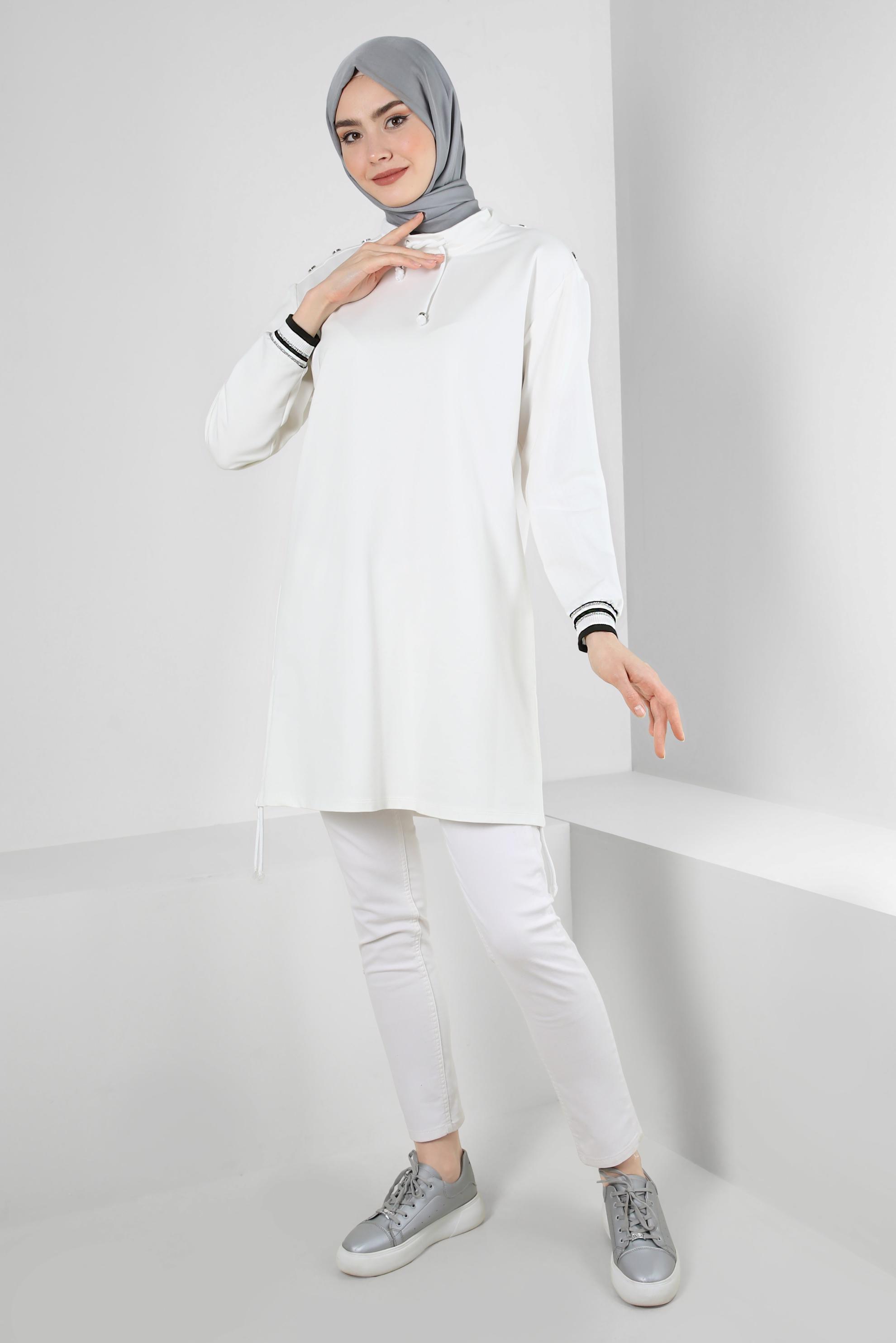 Tesettür giyim BEYAZ YAKASI BÜZGÜLÜ EŞOFMAN TUNİK 43845