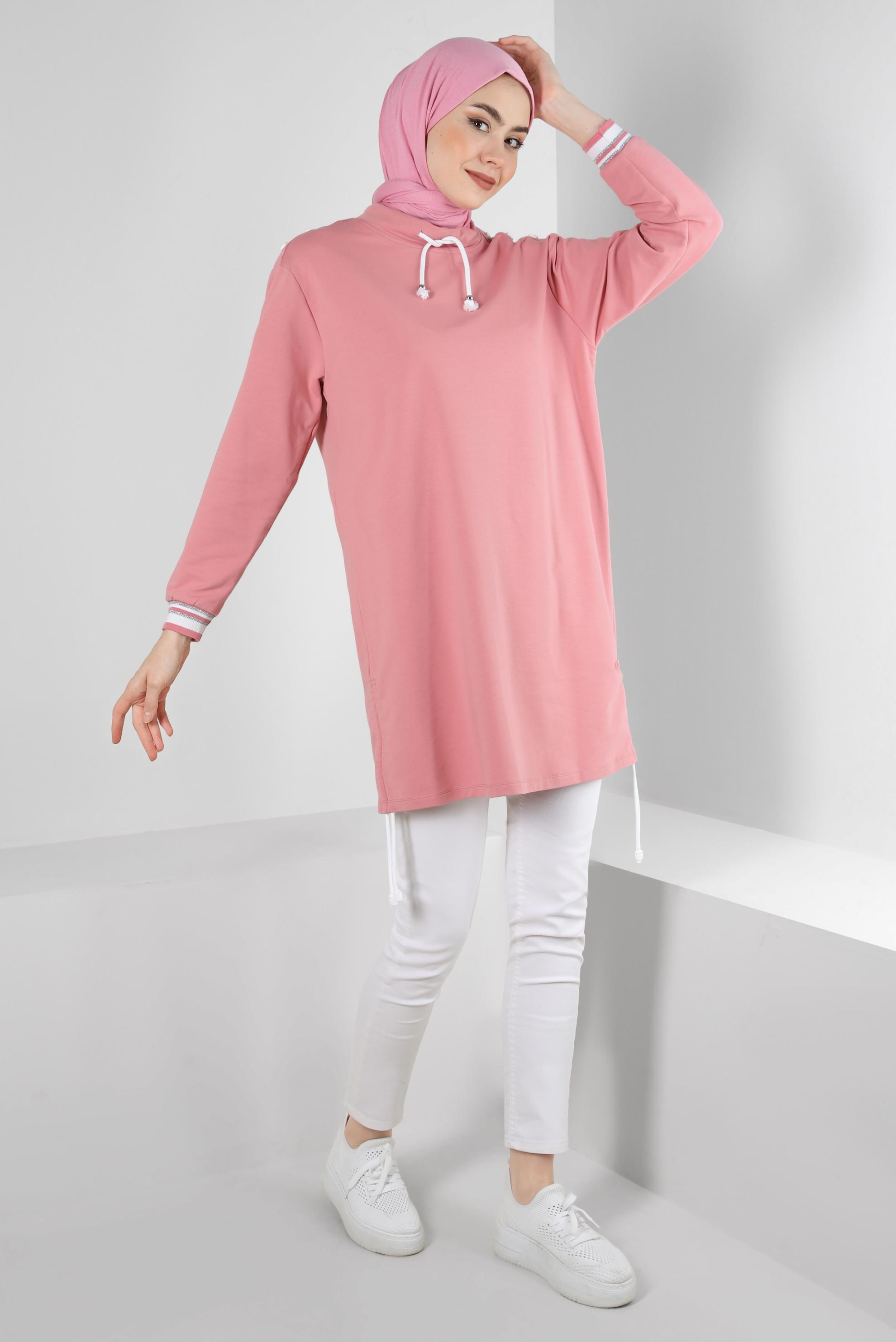Tesettür giyim PEMBE YAKASI BÜZGÜLÜ EŞOFMAN TUNİK 43845