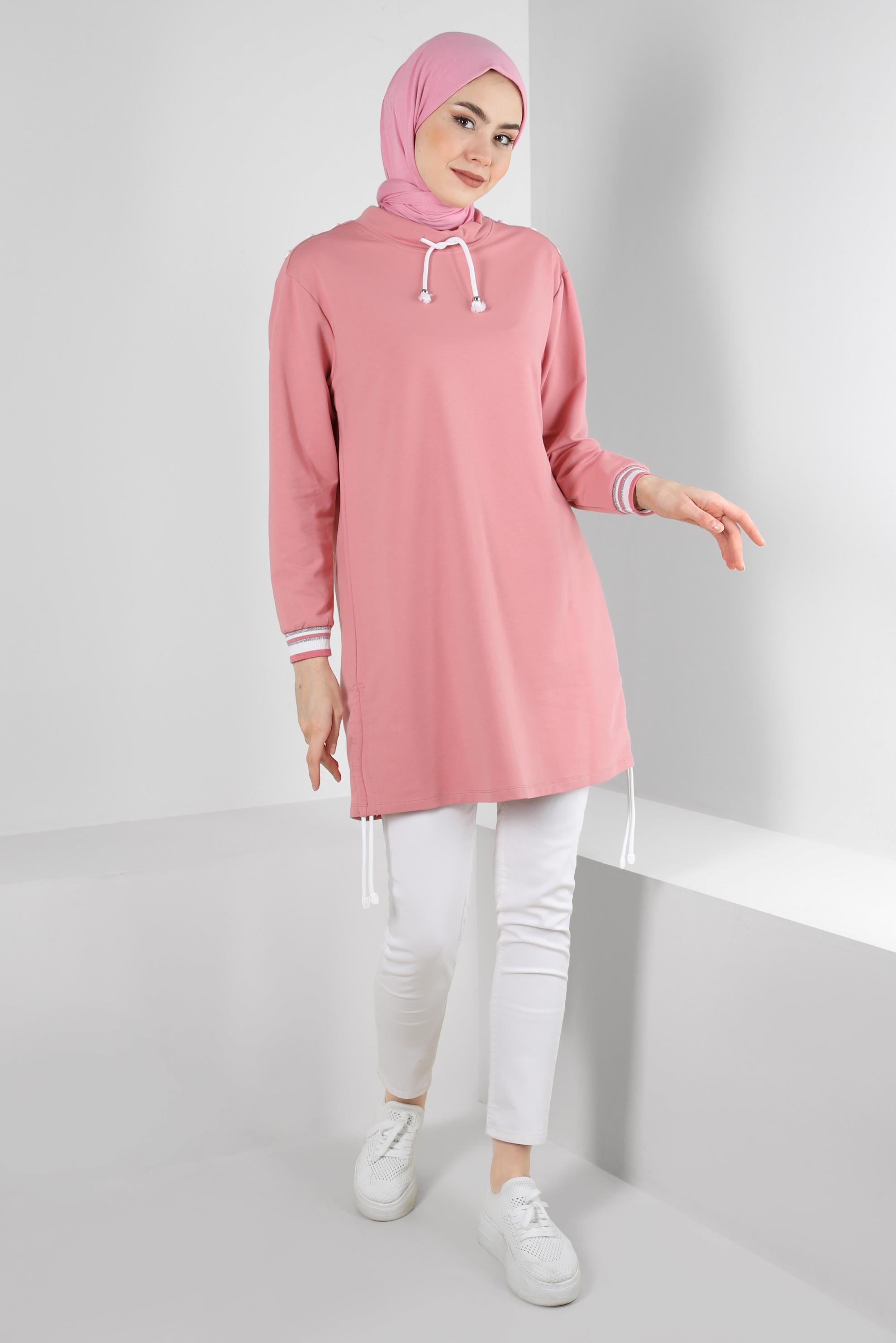 Tesettür giyim PEMBE YAKASI BÜZGÜLÜ EŞOFMAN TUNİK 43845