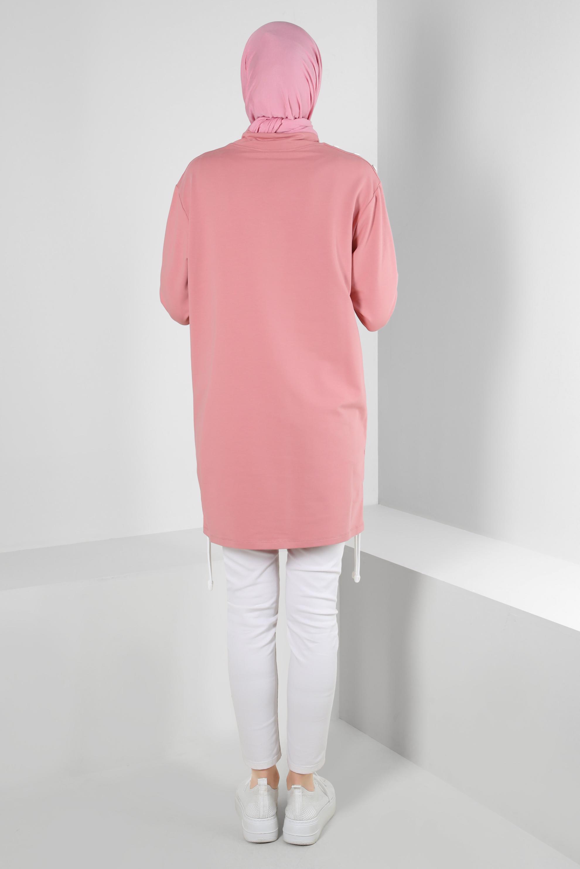 Tesettür giyim PEMBE YAKASI BÜZGÜLÜ EŞOFMAN TUNİK 43845