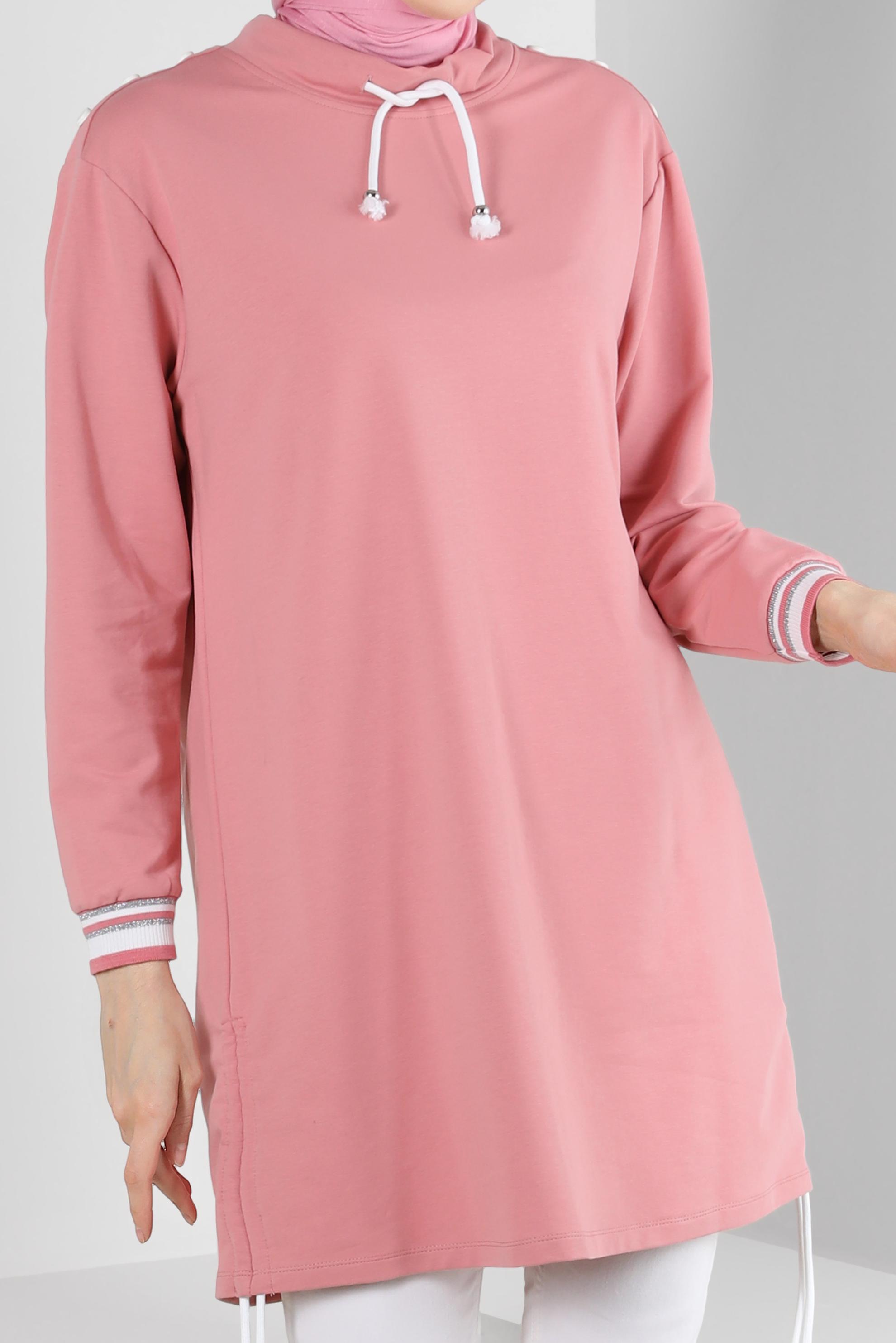 Tesettür giyim PEMBE YAKASI BÜZGÜLÜ EŞOFMAN TUNİK 43845
