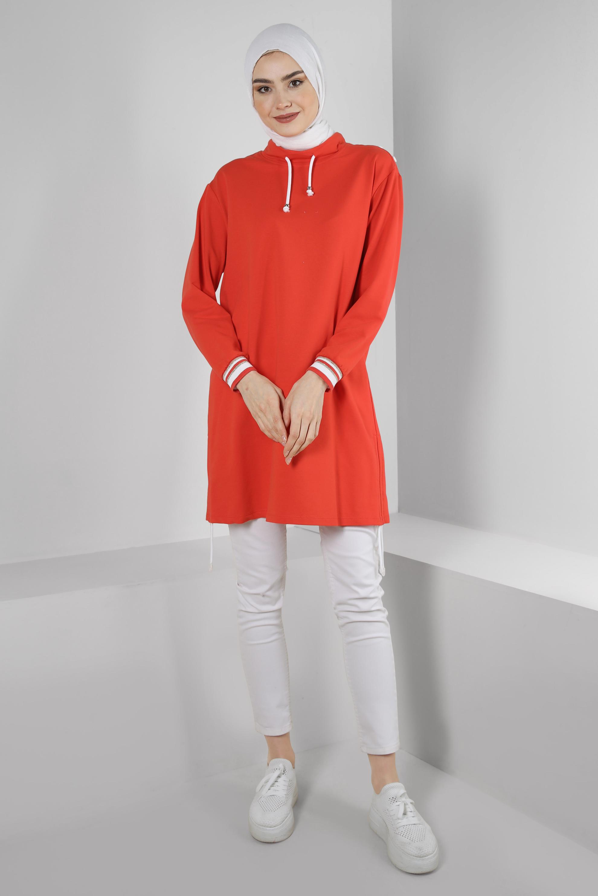 Tesettür giyim KIRMIZI YAKASI BÜZGÜLÜ EŞOFMAN TUNİK 43845