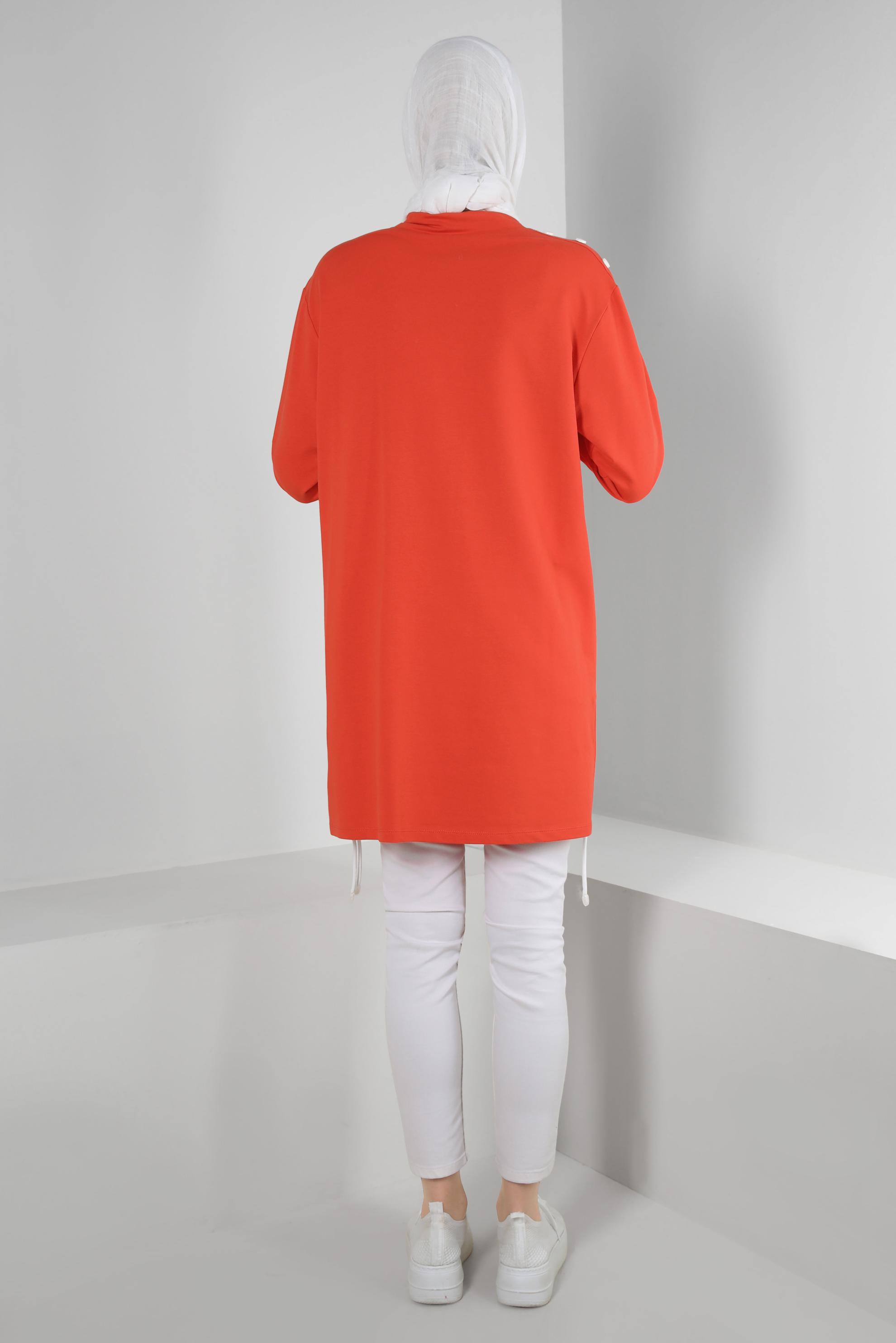 Tesettür giyim KIRMIZI YAKASI BÜZGÜLÜ EŞOFMAN TUNİK 43845