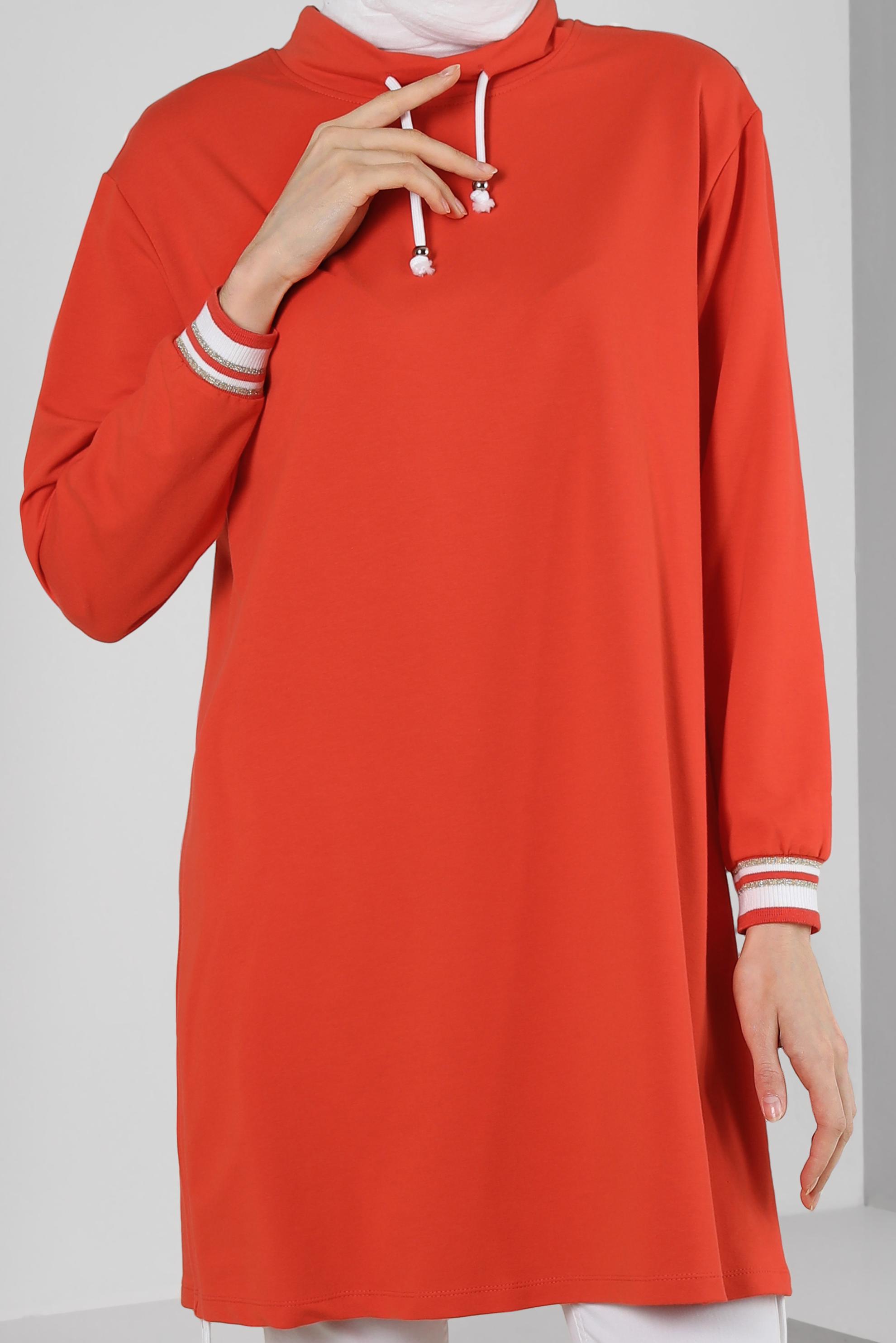 Tesettür giyim KIRMIZI YAKASI BÜZGÜLÜ EŞOFMAN TUNİK 43845