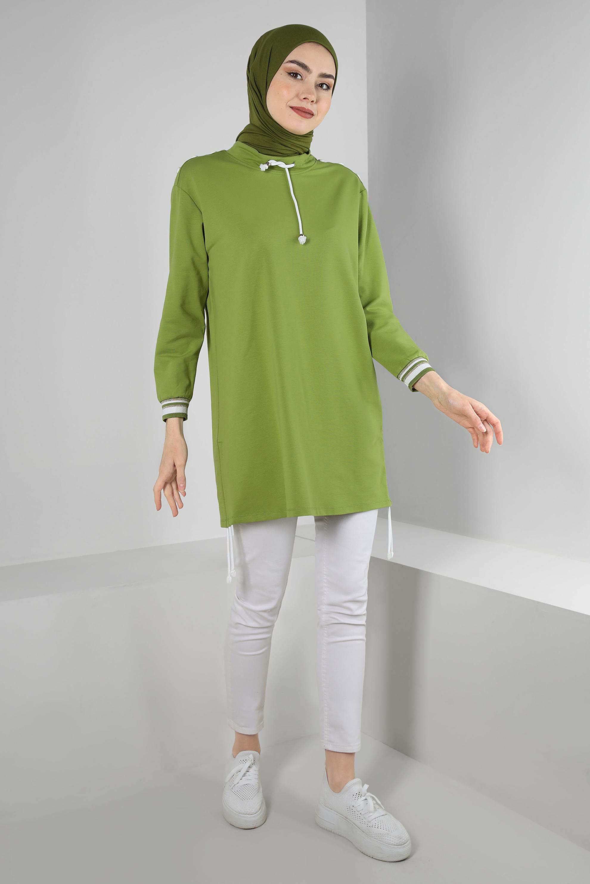 Tesettür giyim YEŞİL YAKASI BÜZGÜLÜ EŞOFMAN TUNİK 43845