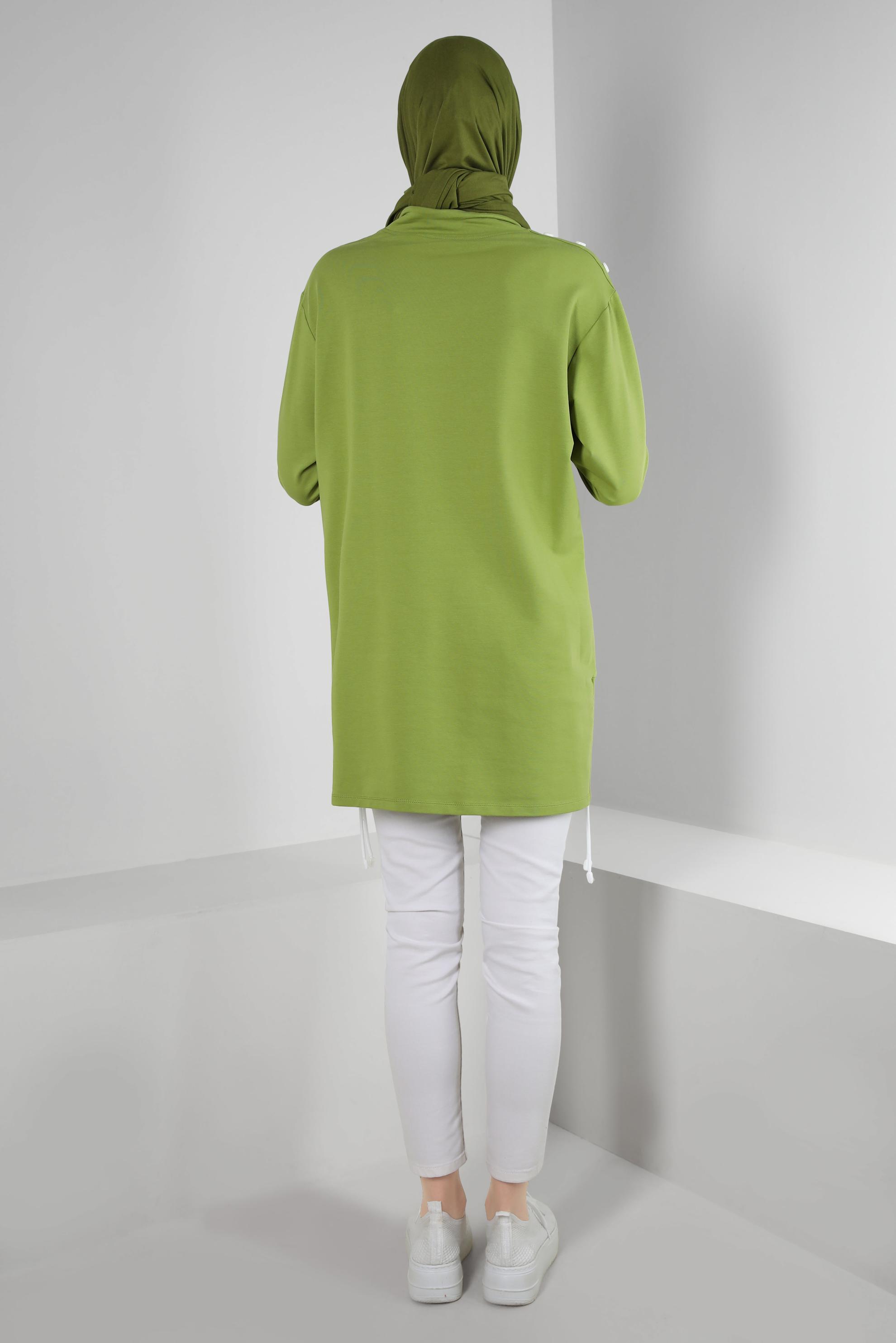 Tesettür giyim YEŞİL YAKASI BÜZGÜLÜ EŞOFMAN TUNİK 43845