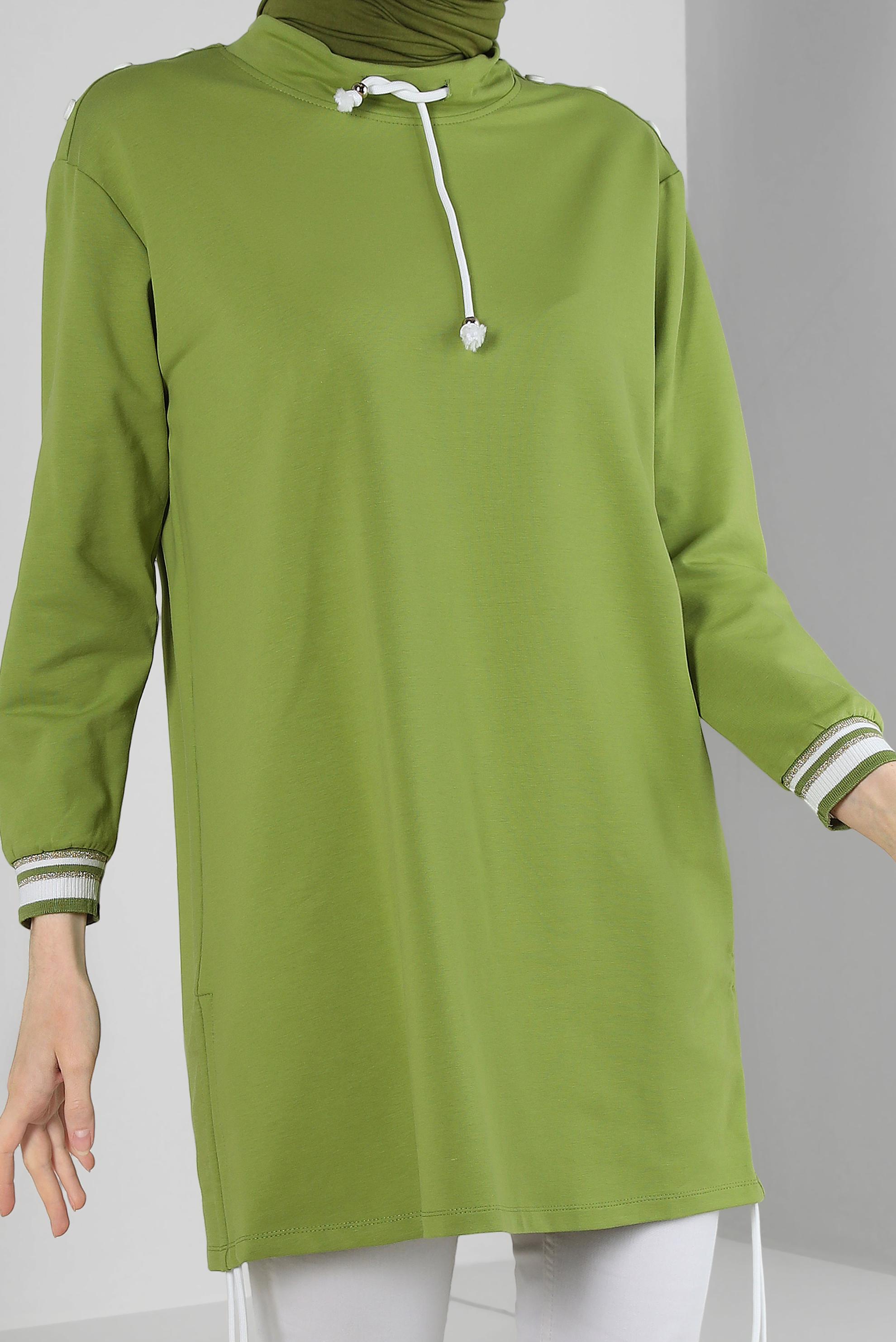 Tesettür giyim YEŞİL YAKASI BÜZGÜLÜ EŞOFMAN TUNİK 43845