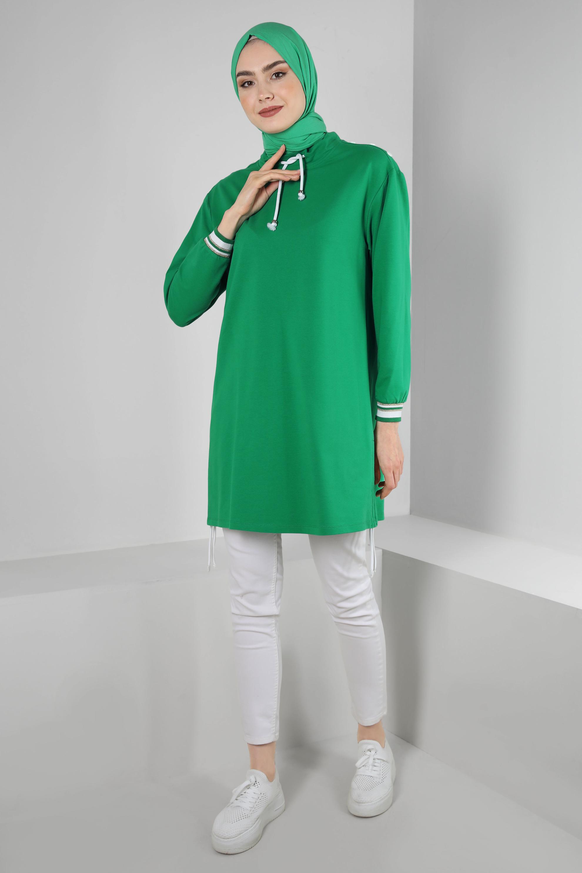 Tesettür giyim YEŞİL YAKASI BÜZGÜLÜ EŞOFMAN TUNİK 43845