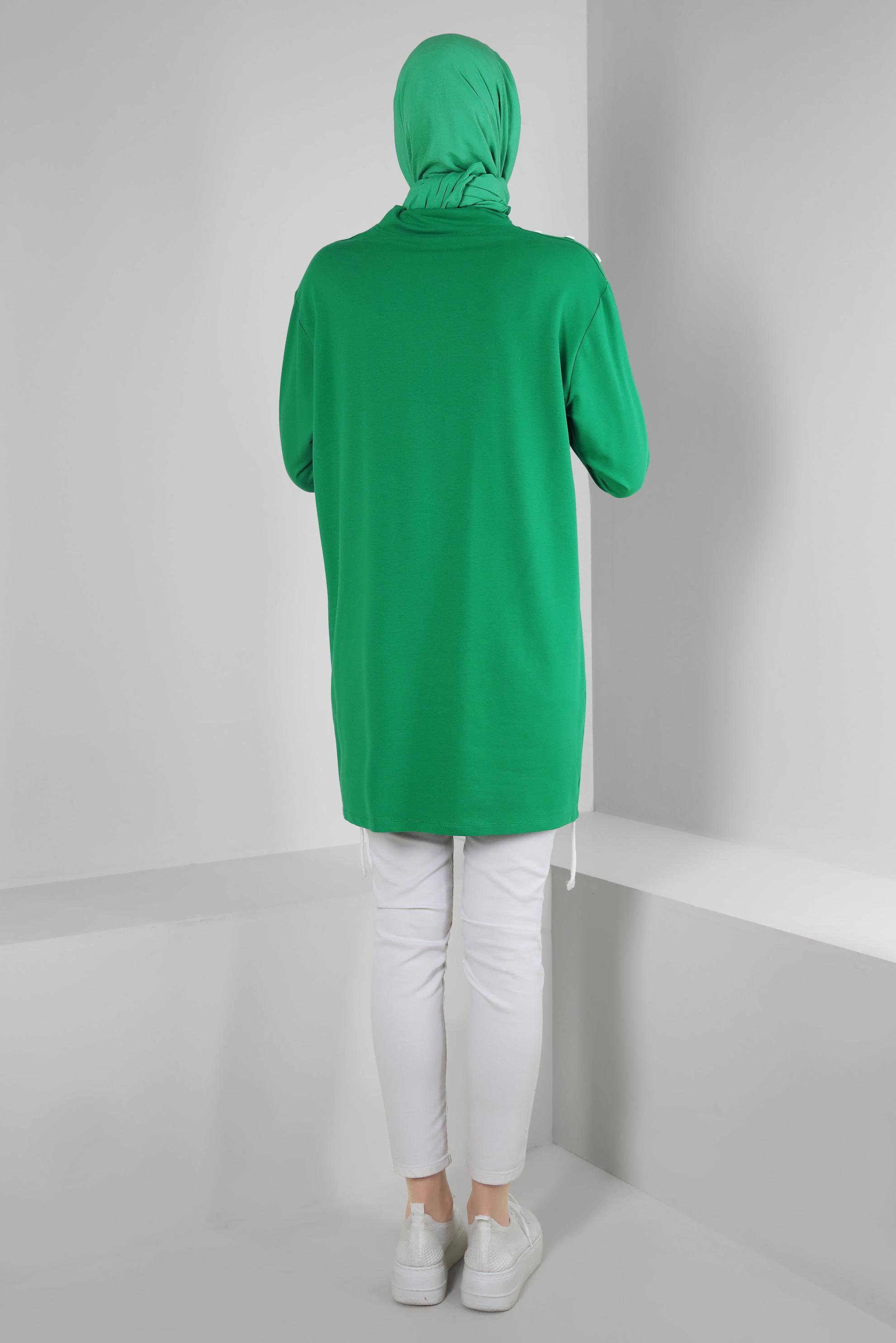 Tesettür giyim YEŞİL YAKASI BÜZGÜLÜ EŞOFMAN TUNİK 43845