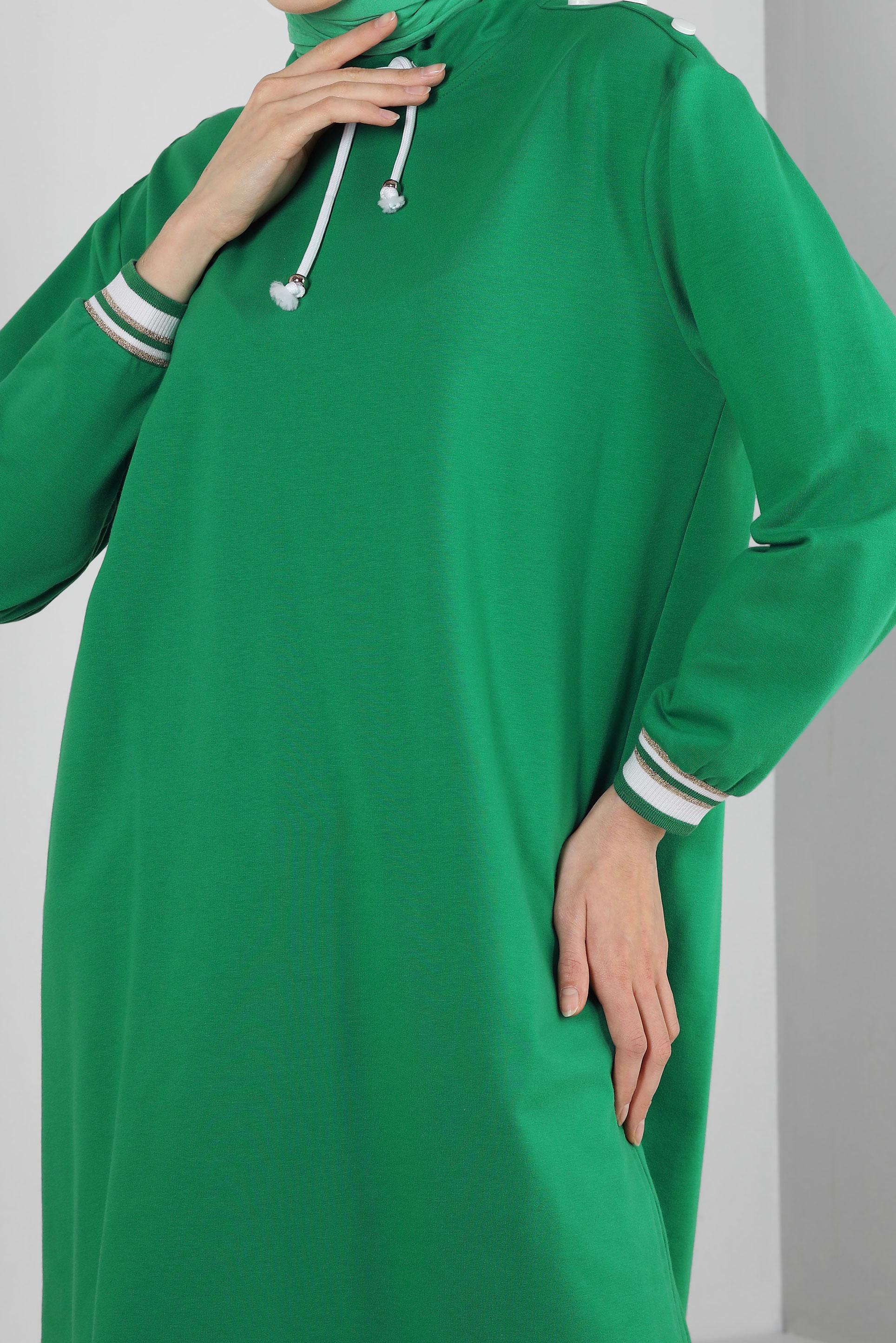 Tesettür giyim YEŞİL YAKASI BÜZGÜLÜ EŞOFMAN TUNİK 43845
