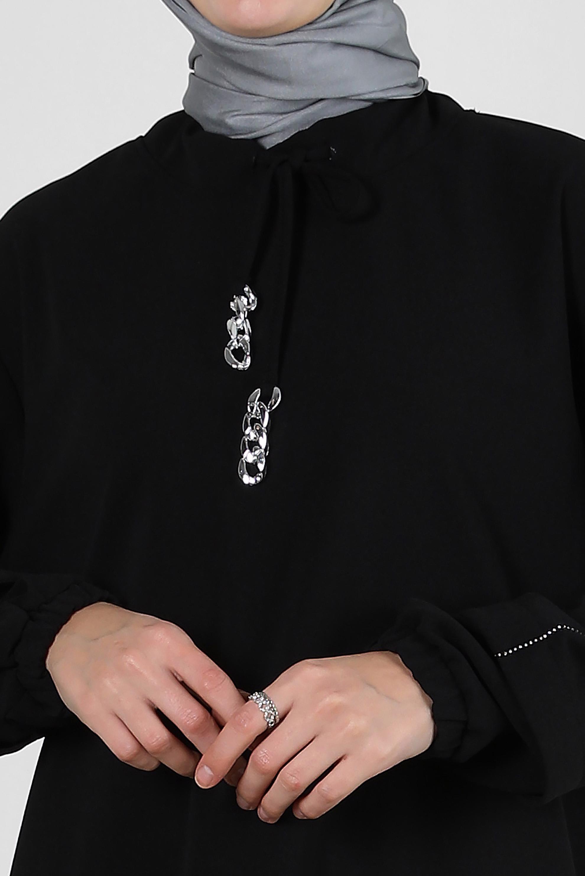 Tesettür giyim SİYAH YAKASI BAĞCIKLI PİLİSELİ ETEKLİ EŞOFMAN TAKIM 43849