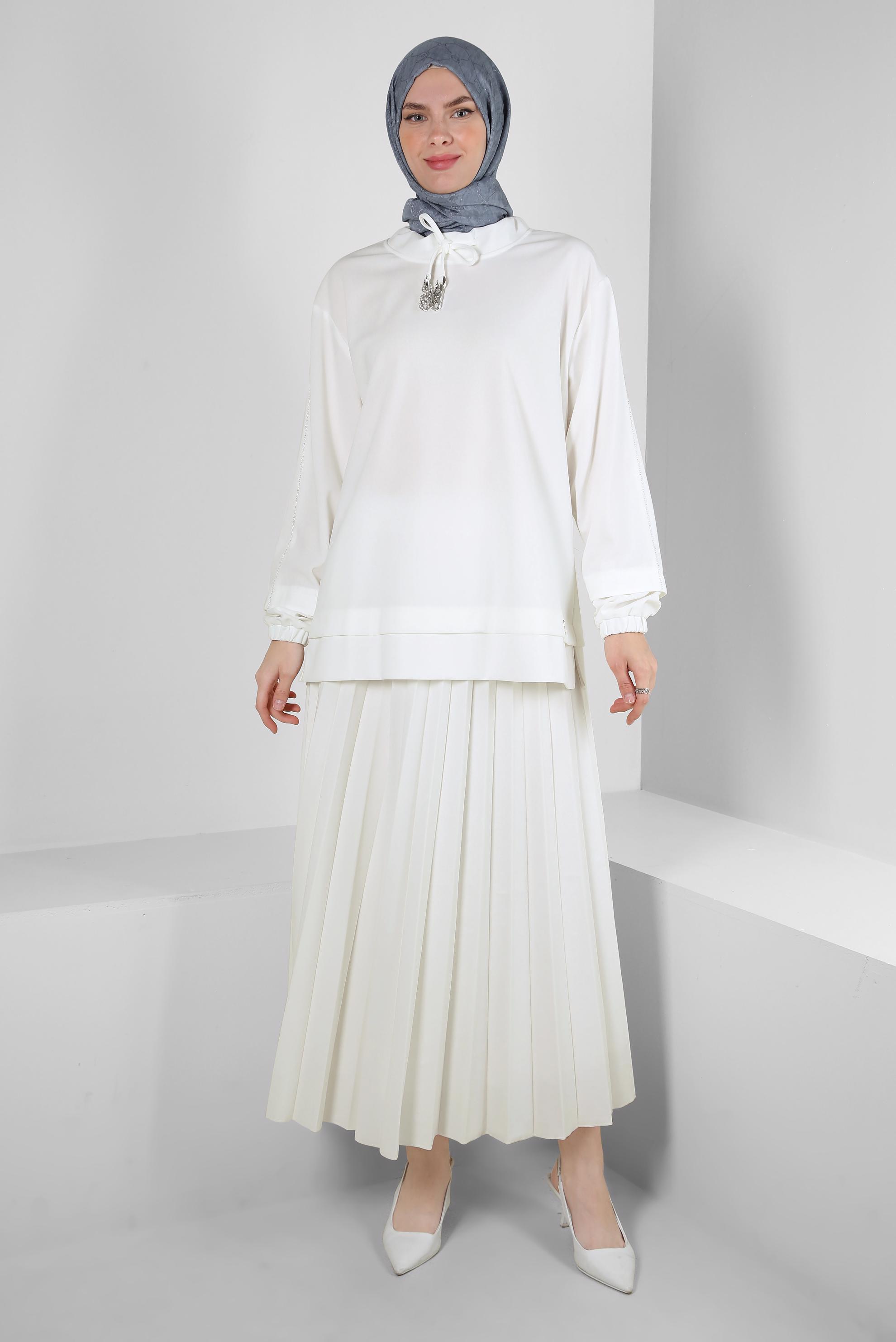 Vêtements hijab BLANC ENSEMBLE JUPE SURVÊTEMENT PLISSÉ À COL NOUÉ 43849