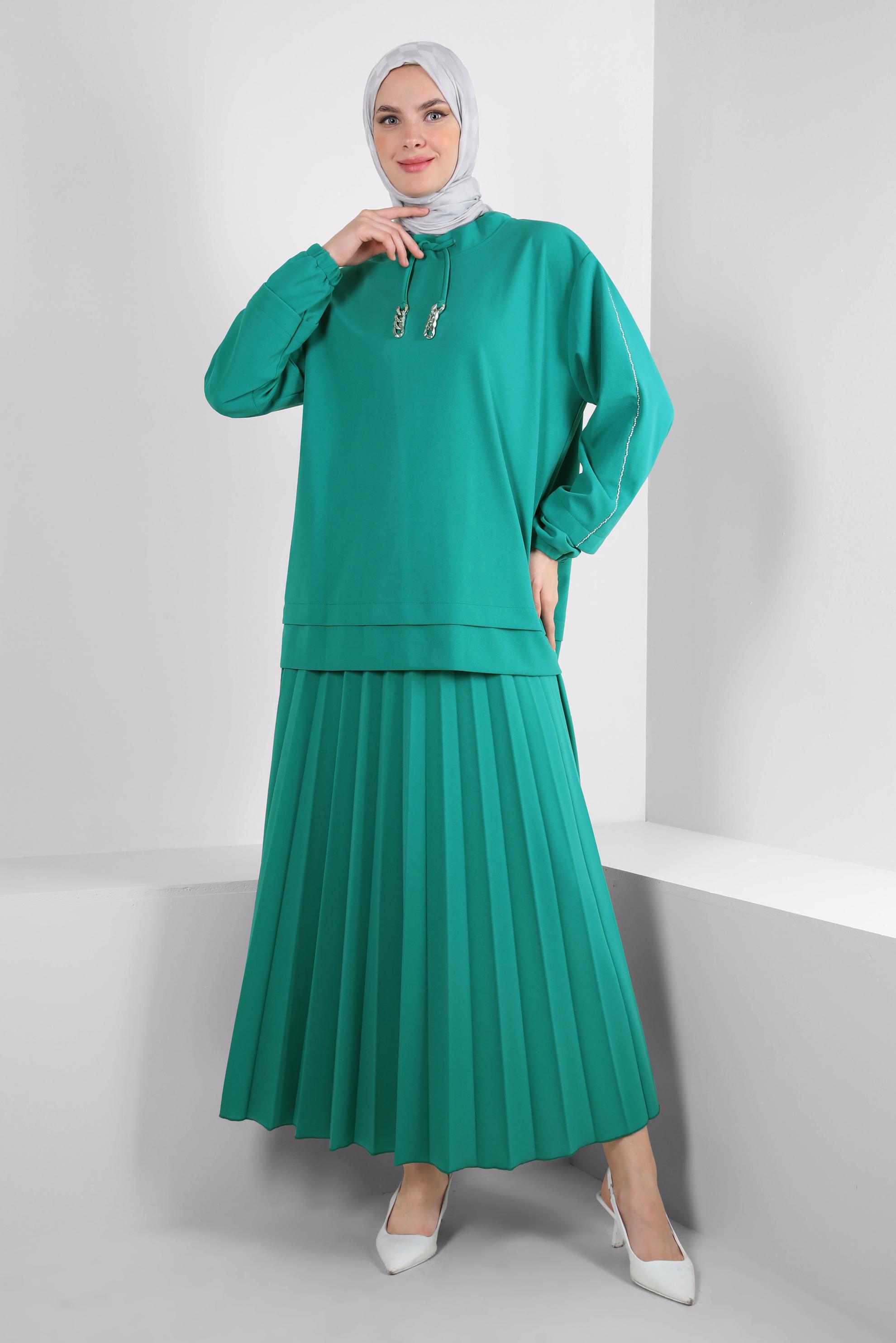 Vêtements hijab BLEU ENSEMBLE JUPE SURVÊTEMENT PLISSÉ À COL NOUÉ 43849