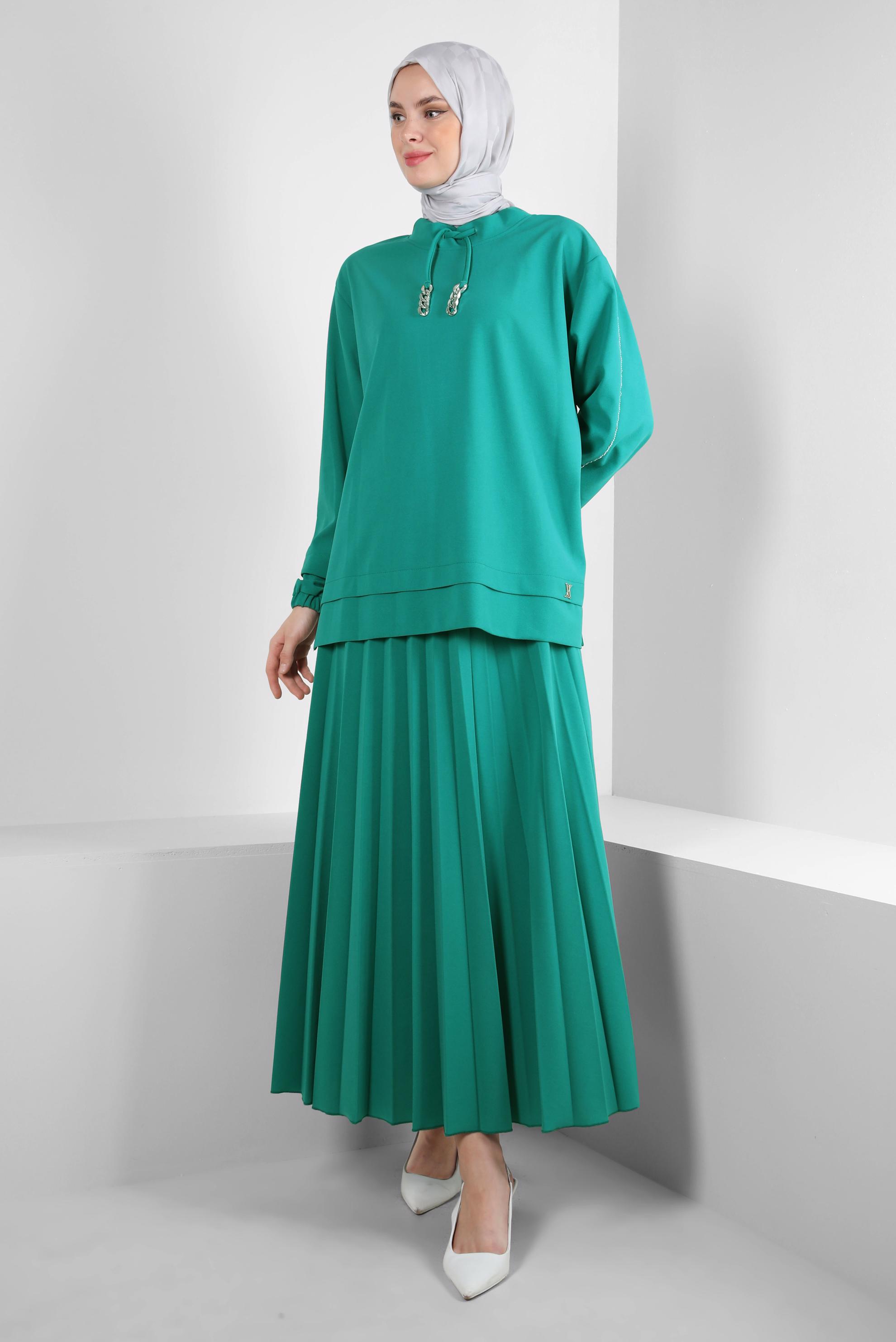 Vêtements hijab BLEU ENSEMBLE JUPE SURVÊTEMENT PLISSÉ À COL NOUÉ 43849