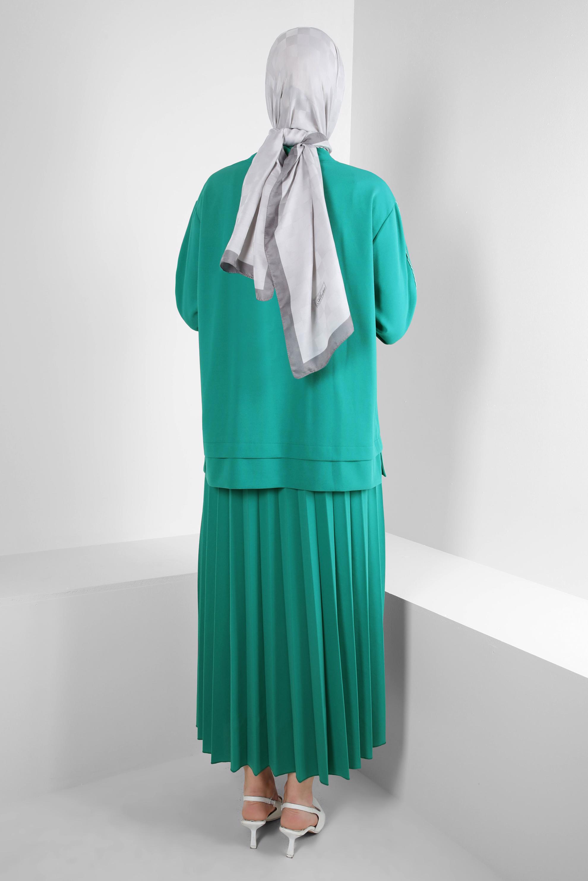 Vêtements hijab BLEU ENSEMBLE JUPE SURVÊTEMENT PLISSÉ À COL NOUÉ 43849