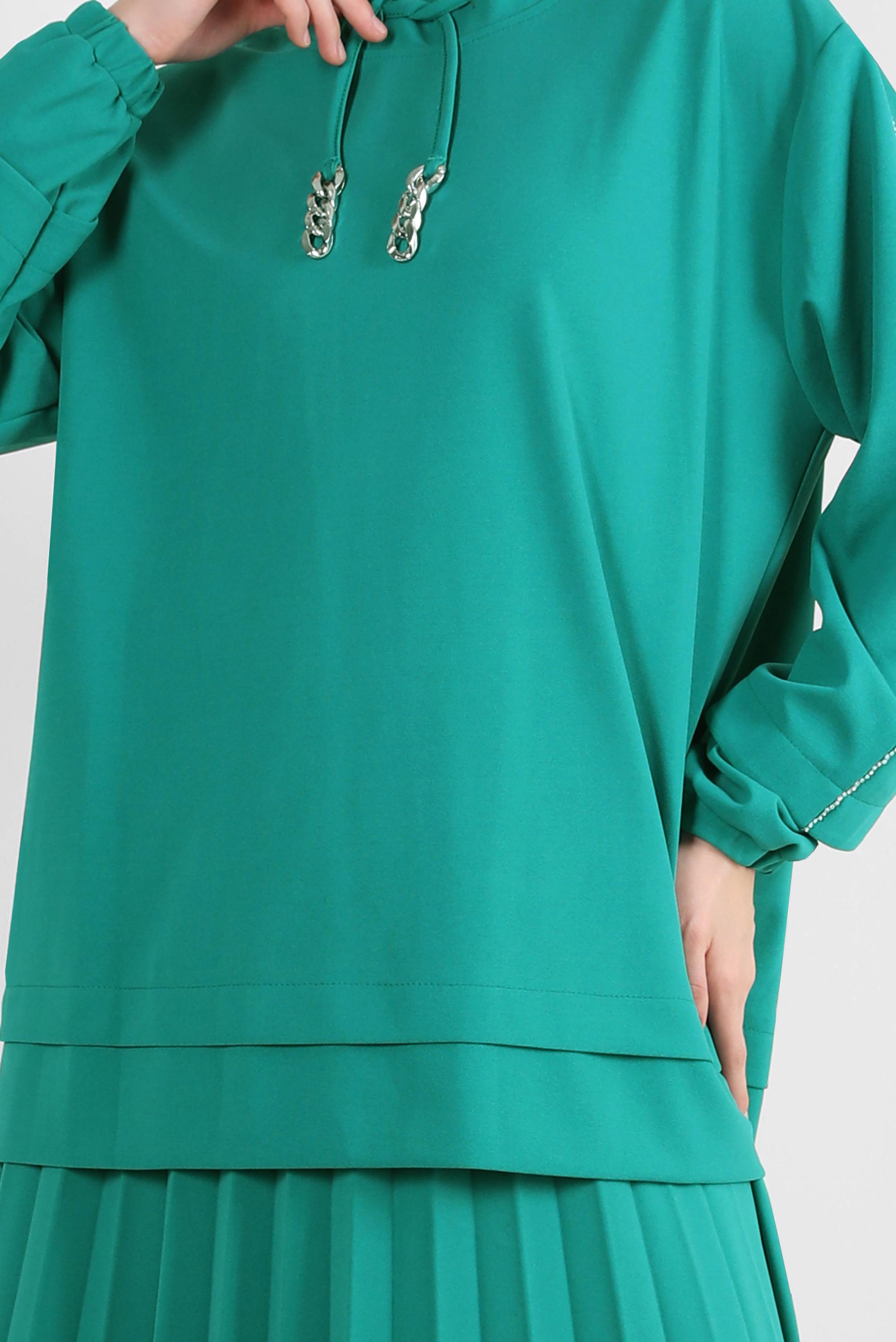 Vêtements hijab BLEU ENSEMBLE JUPE SURVÊTEMENT PLISSÉ À COL NOUÉ 43849