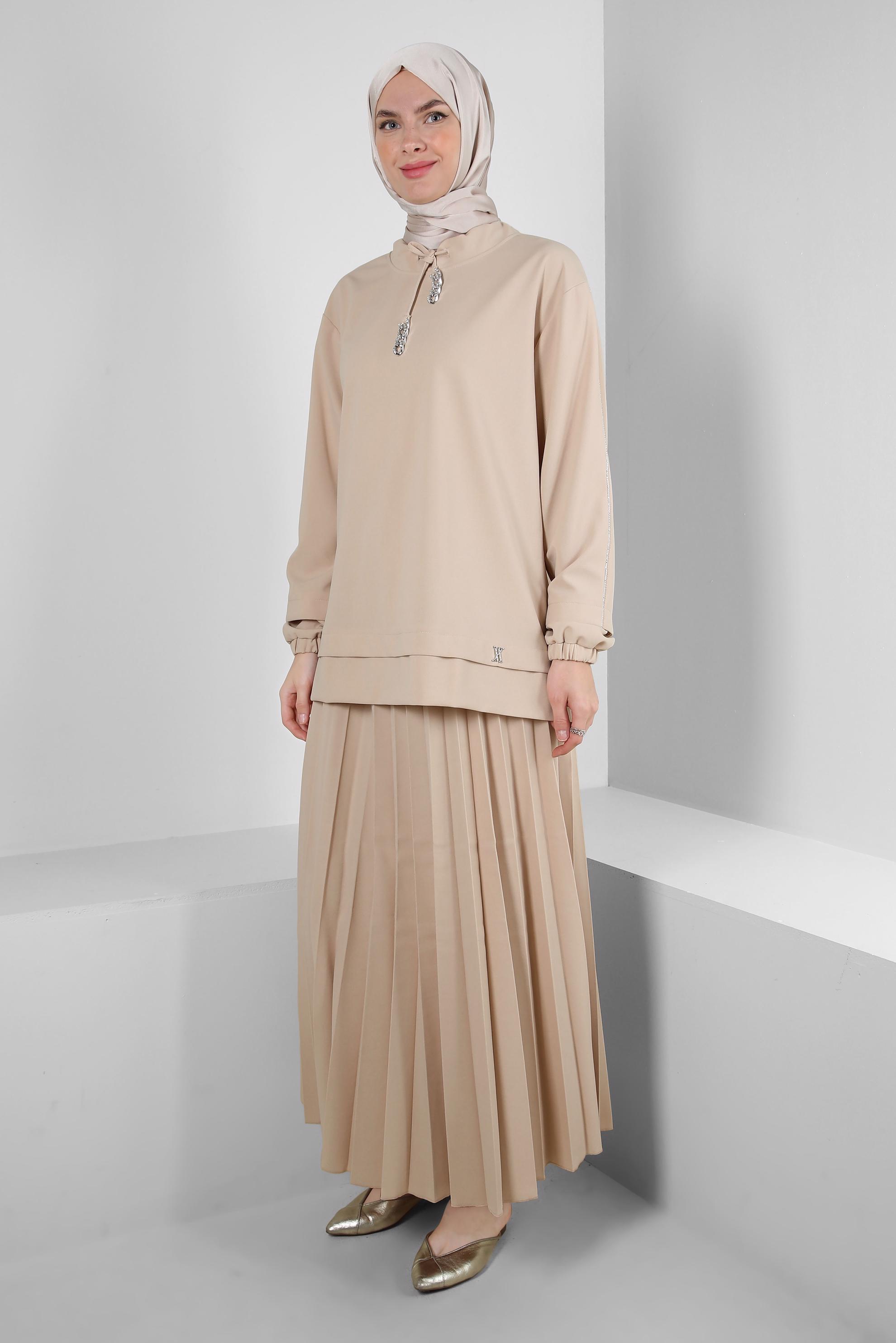 Vêtements hijab ÉCRUE ENSEMBLE JUPE SURVÊTEMENT PLISSÉ À COL NOUÉ 43849