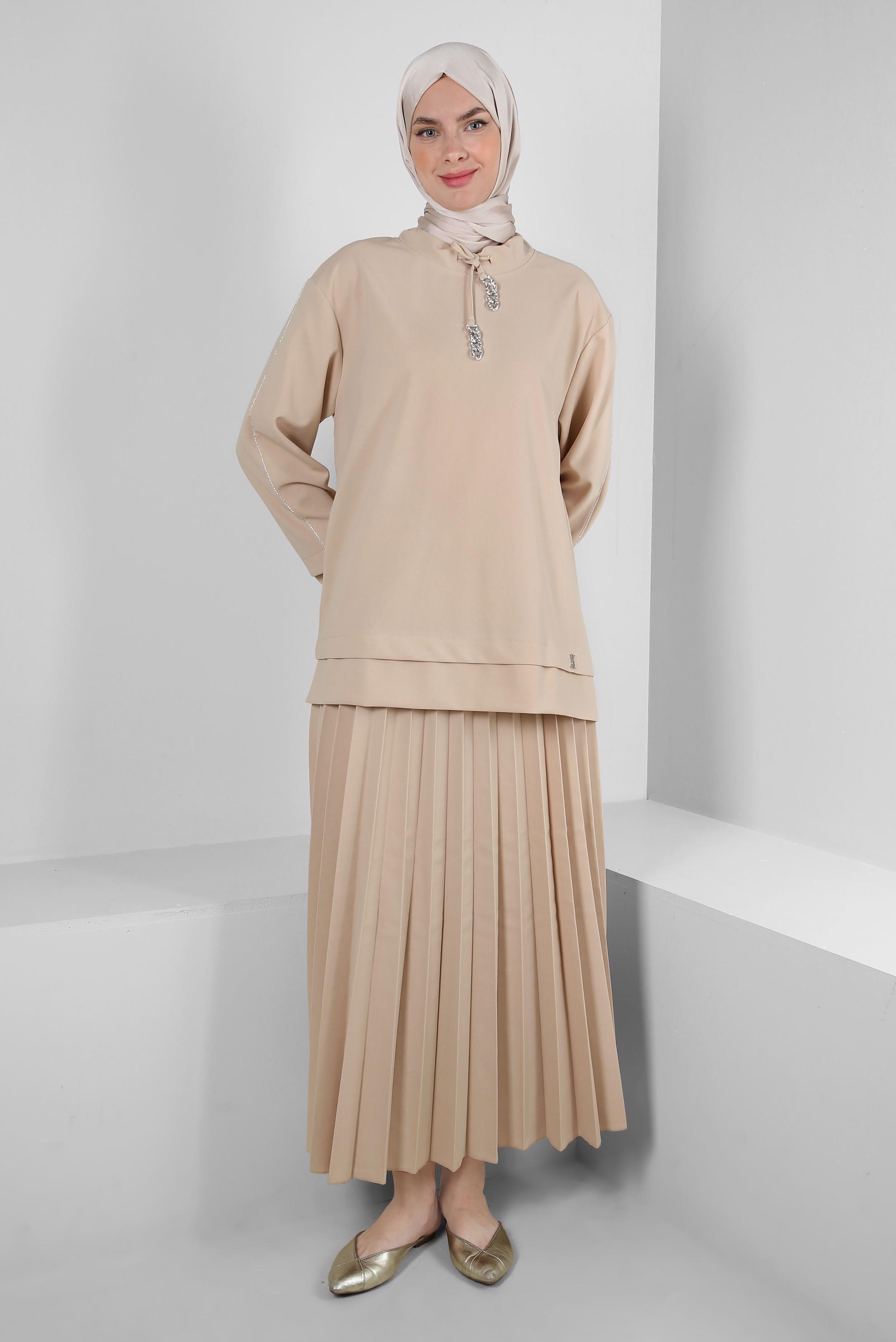 Vêtements hijab ÉCRUE ENSEMBLE JUPE SURVÊTEMENT PLISSÉ À COL NOUÉ 43849