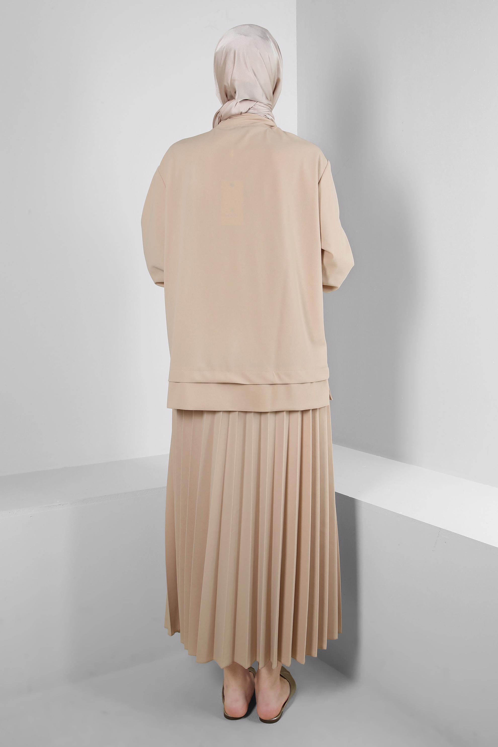 Vêtements hijab ÉCRUE ENSEMBLE JUPE SURVÊTEMENT PLISSÉ À COL NOUÉ 43849