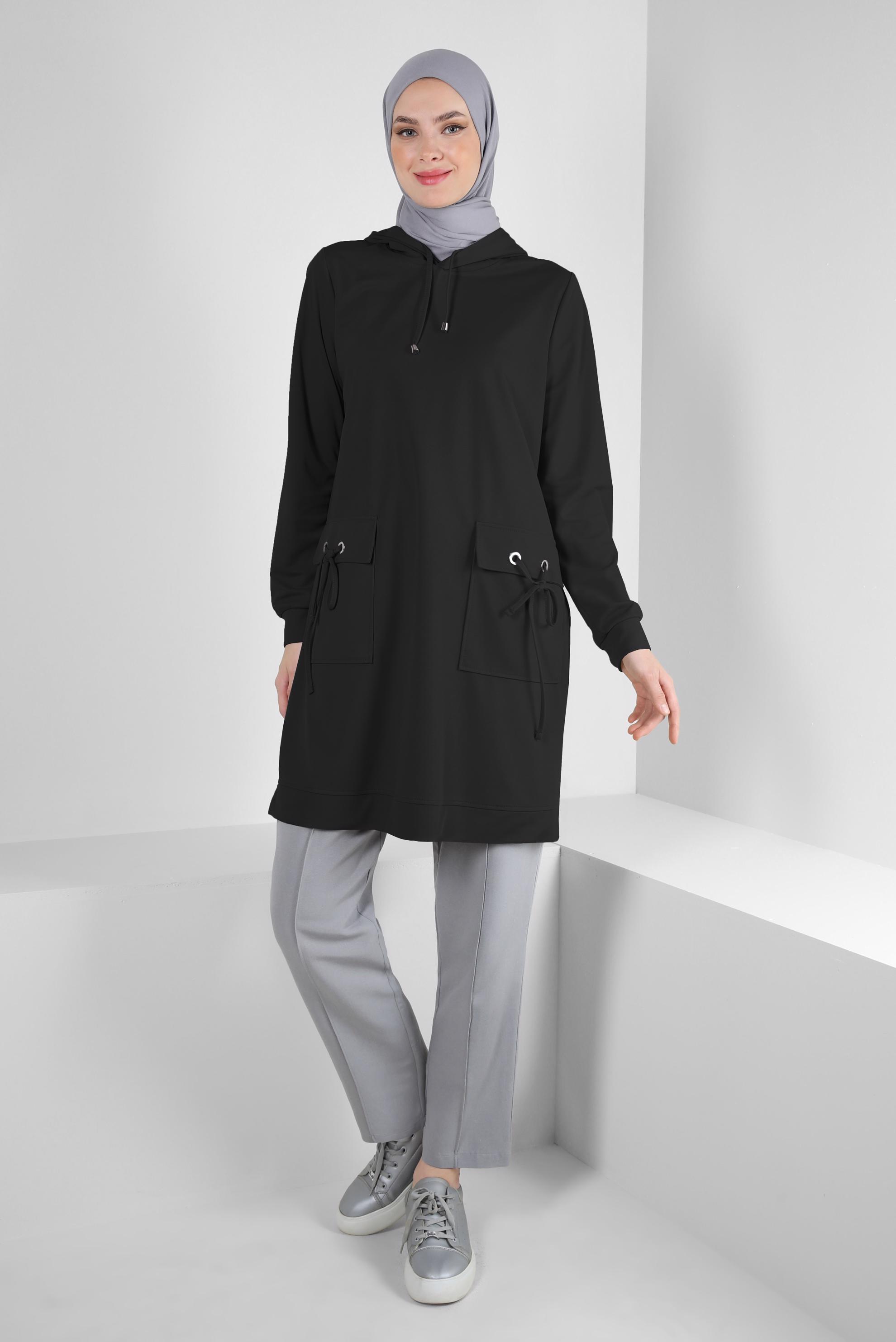 Tesettür giyim SİYAH KAPÜŞONLU CEP DETAYLI EŞOFMAN TUNİK 43850