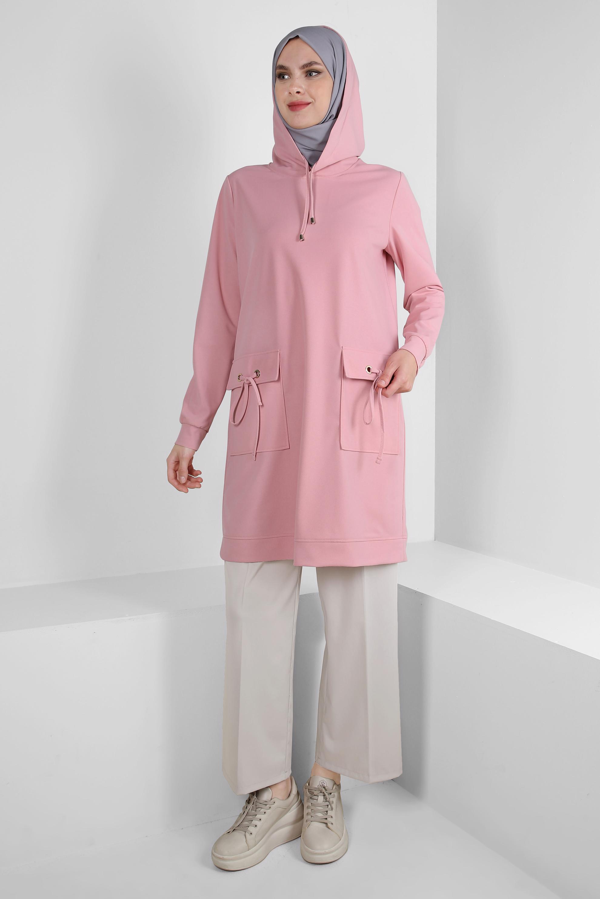 Tesettür giyim PUDRA KAPÜŞONLU CEP DETAYLI EŞOFMAN TUNİK 43850