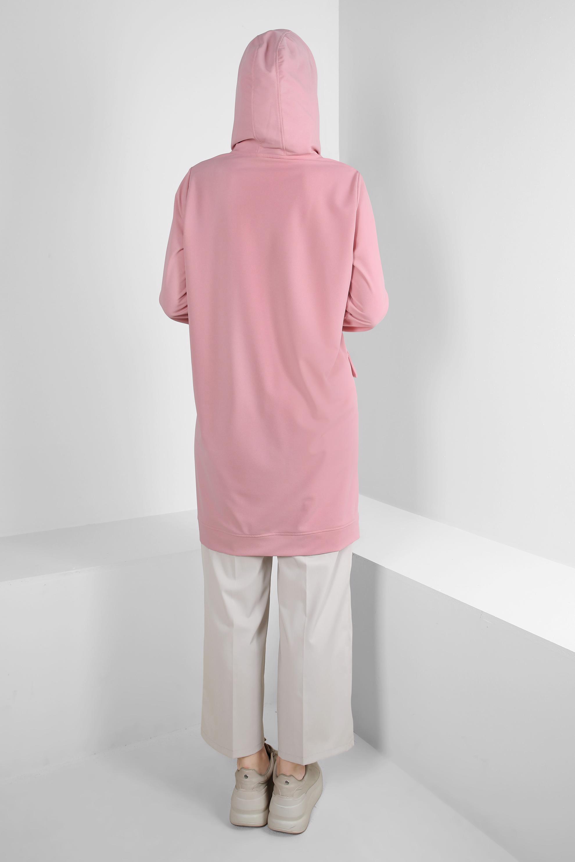 Tesettür giyim PUDRA KAPÜŞONLU CEP DETAYLI EŞOFMAN TUNİK 43850