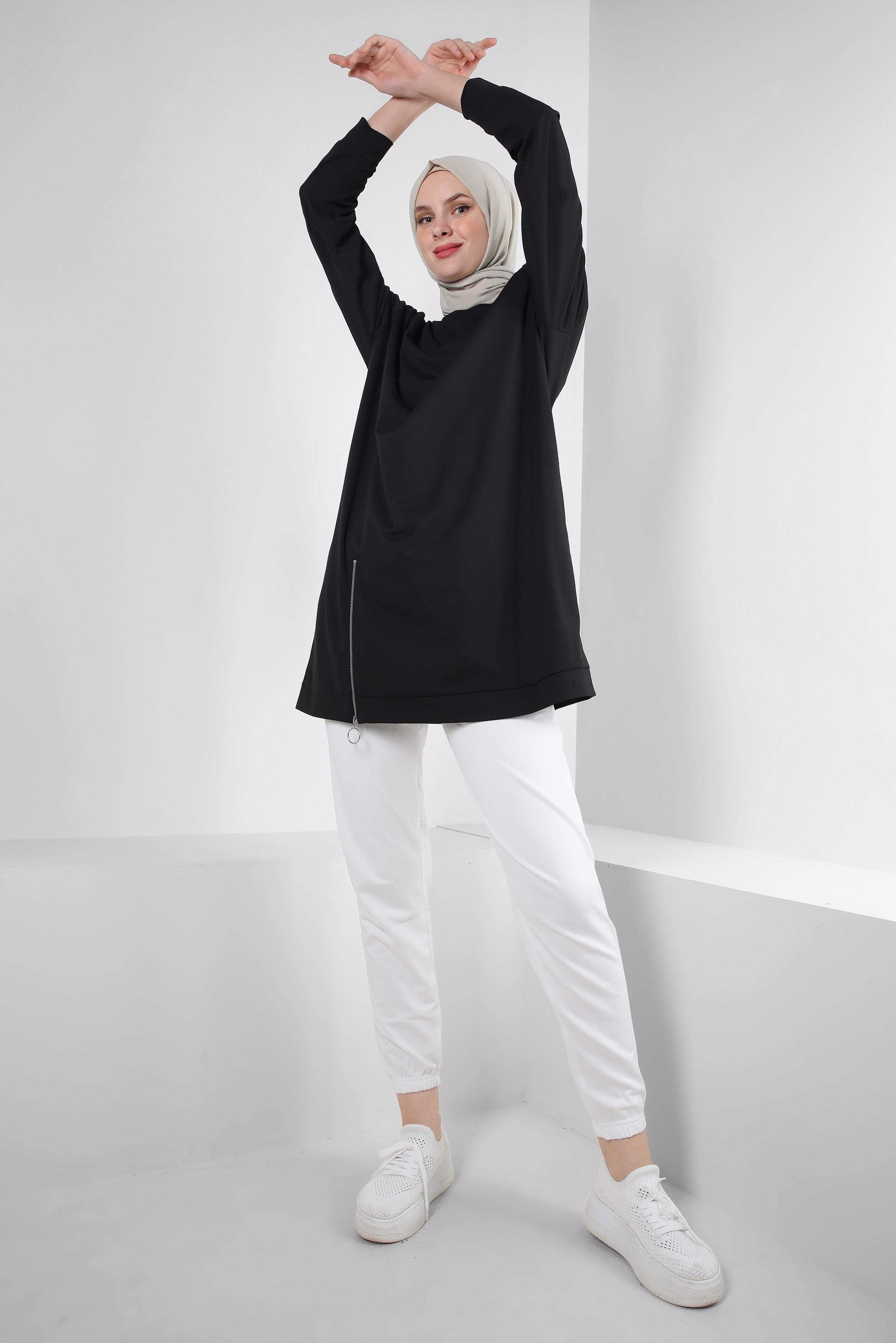 Tesettür giyim SİYAH FERMUAR DETAYLI BİSİKLET YAKA EŞOFMAN TUNİK 43852