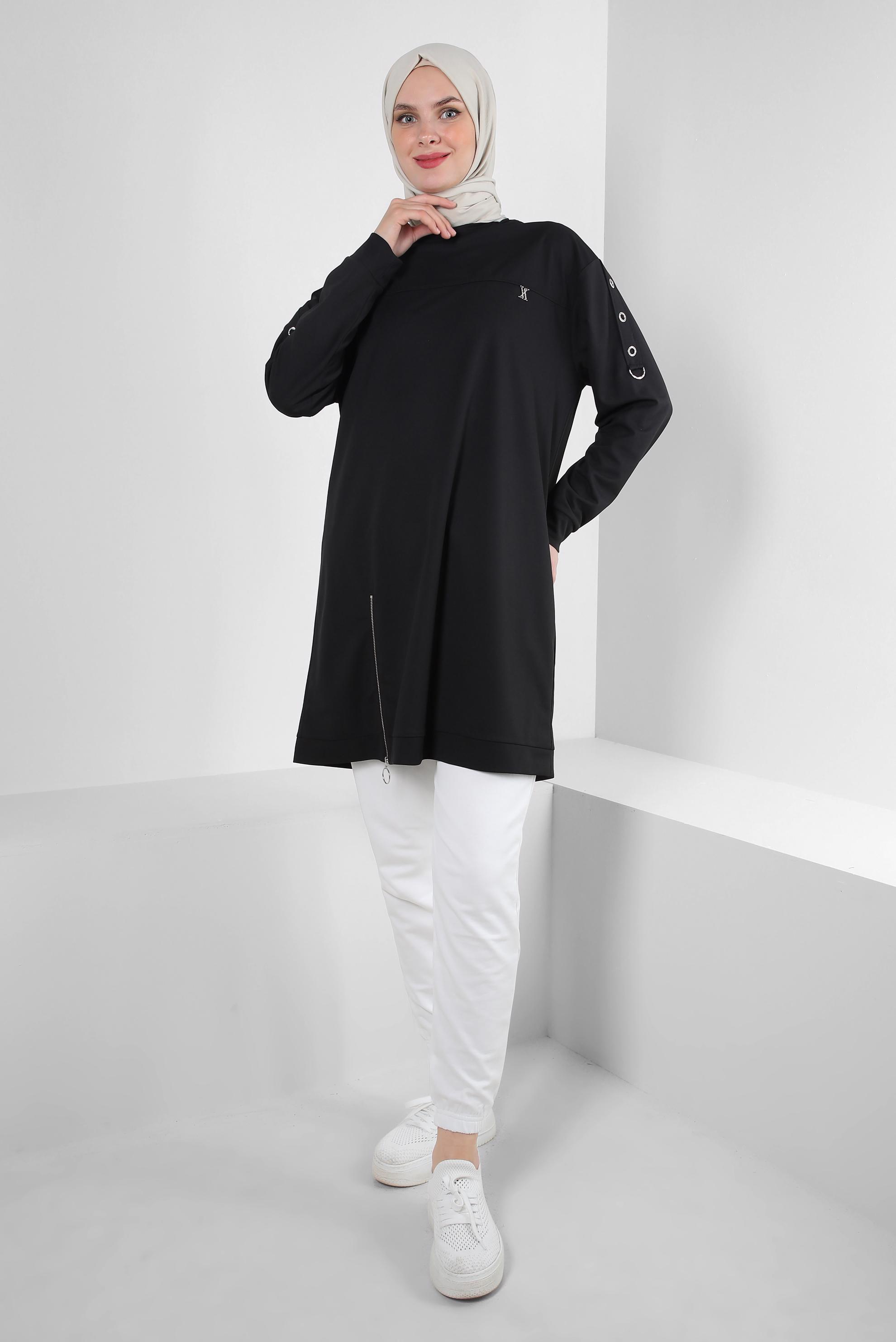Tesettür giyim SİYAH FERMUAR DETAYLI BİSİKLET YAKA EŞOFMAN TUNİK 43852