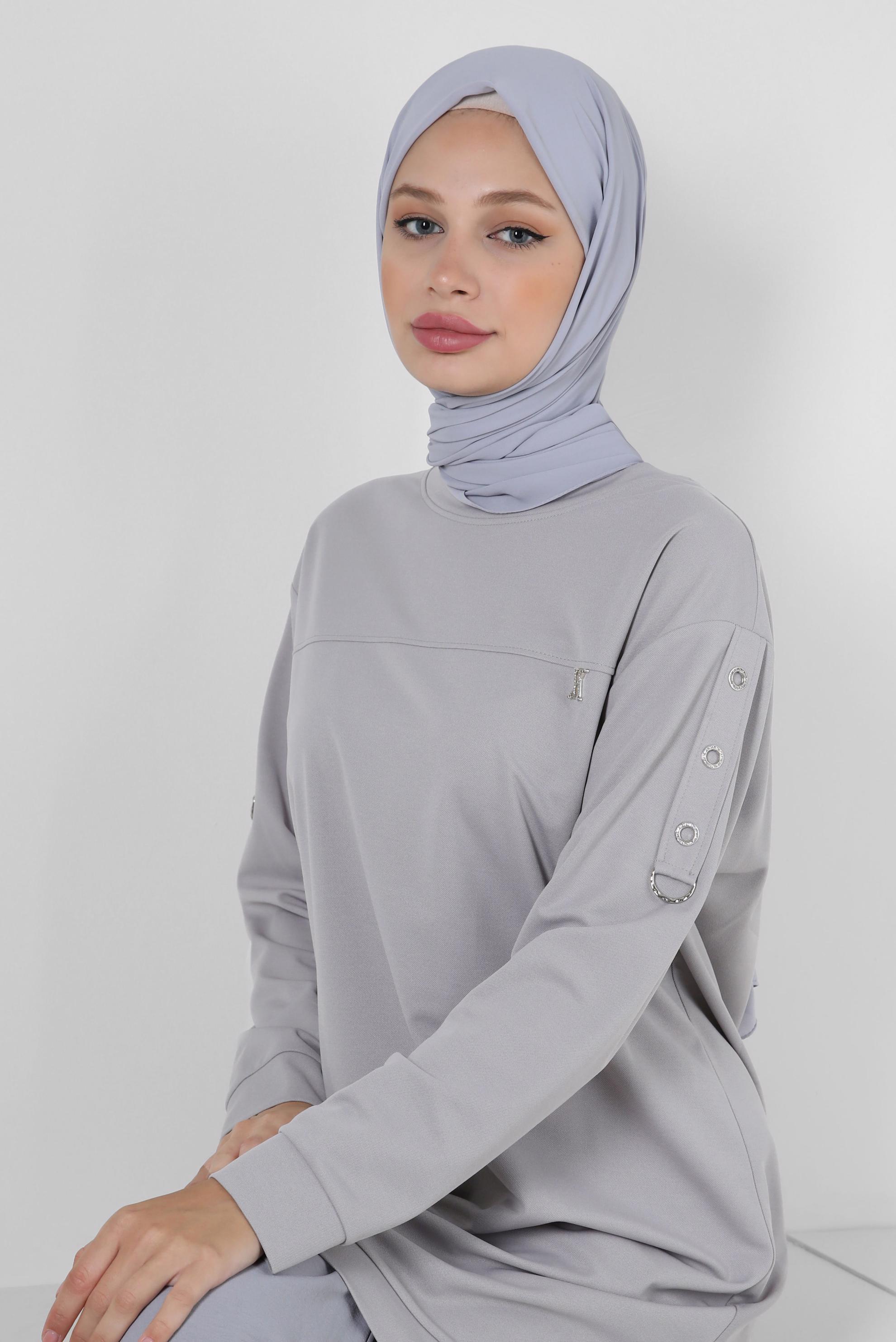 Tesettür giyim GRİ FERMUAR DETAYLI BİSİKLET YAKA EŞOFMAN TUNİK 43852