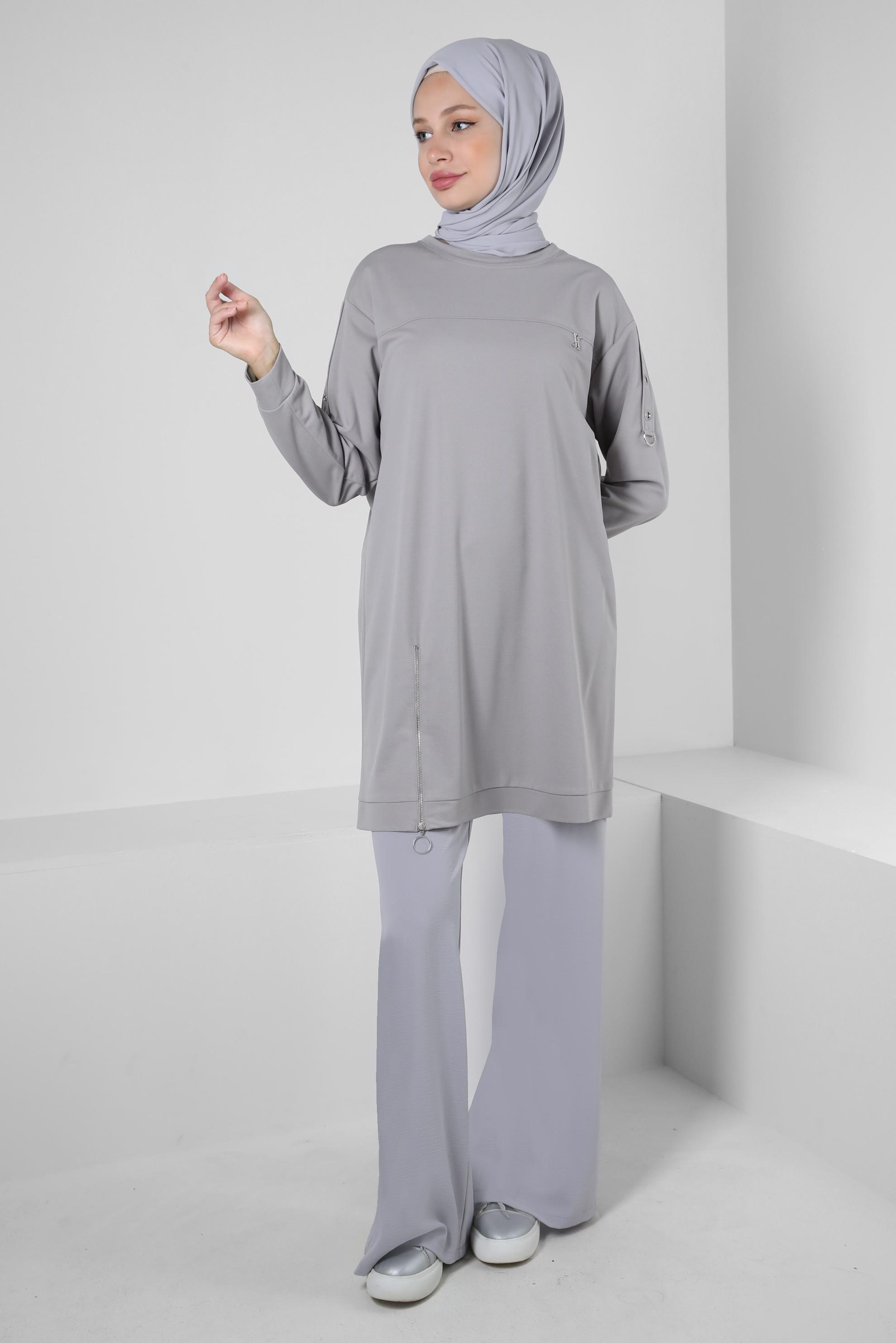 Tesettür giyim GRİ FERMUAR DETAYLI BİSİKLET YAKA EŞOFMAN TUNİK 43852