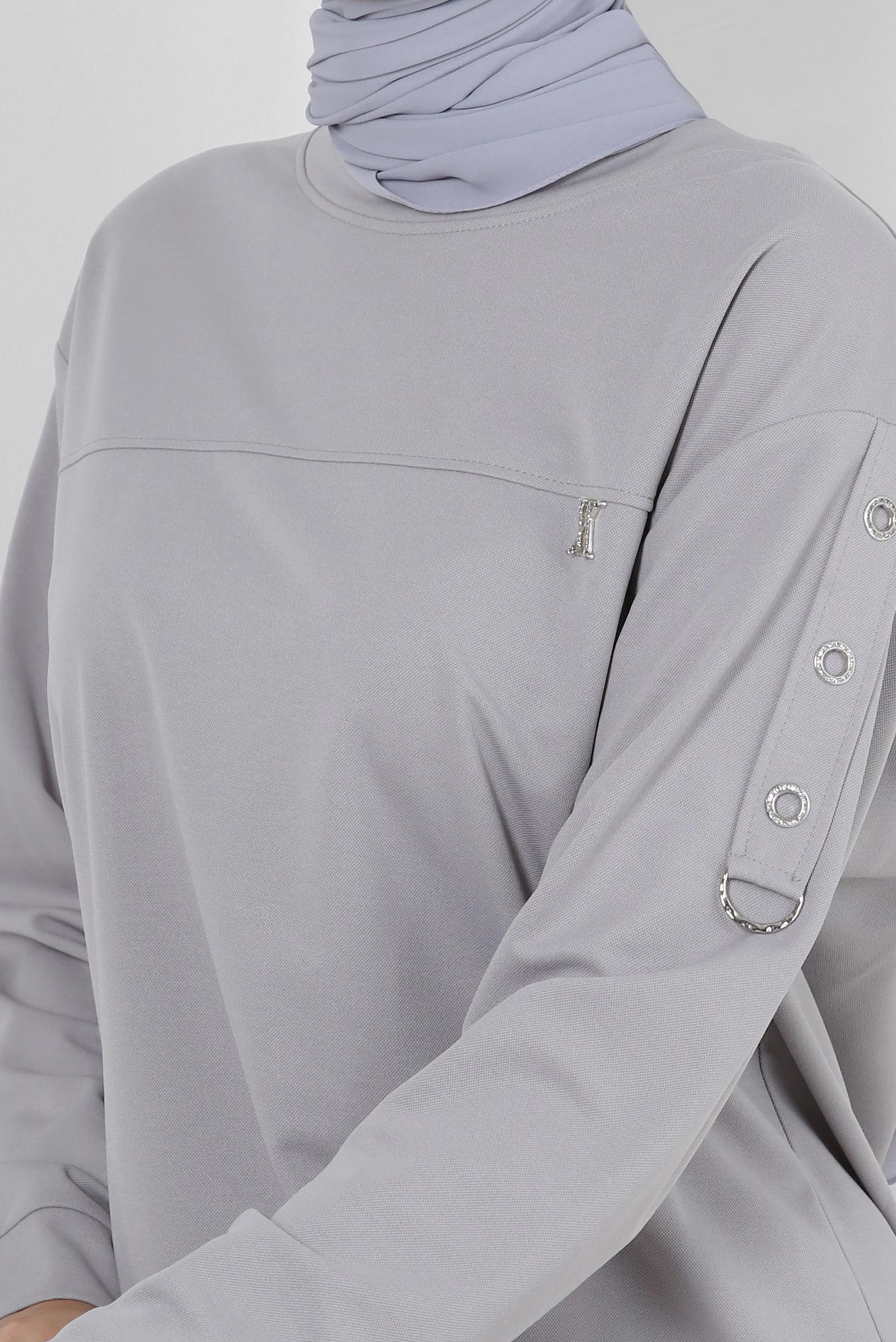 Tesettür giyim GRİ FERMUAR DETAYLI BİSİKLET YAKA EŞOFMAN TUNİK 43852