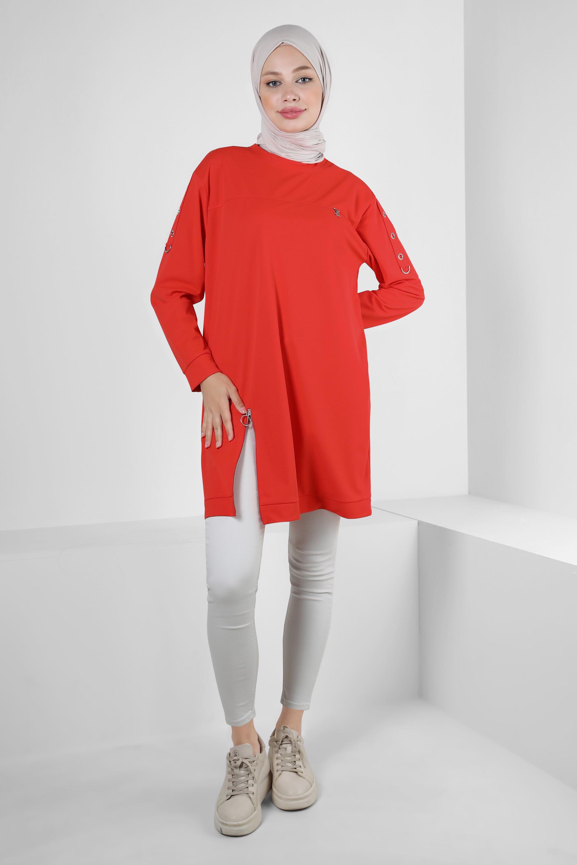 Tesettür giyim KIRMIZI FERMUAR DETAYLI BİSİKLET YAKA EŞOFMAN TUNİK 43852