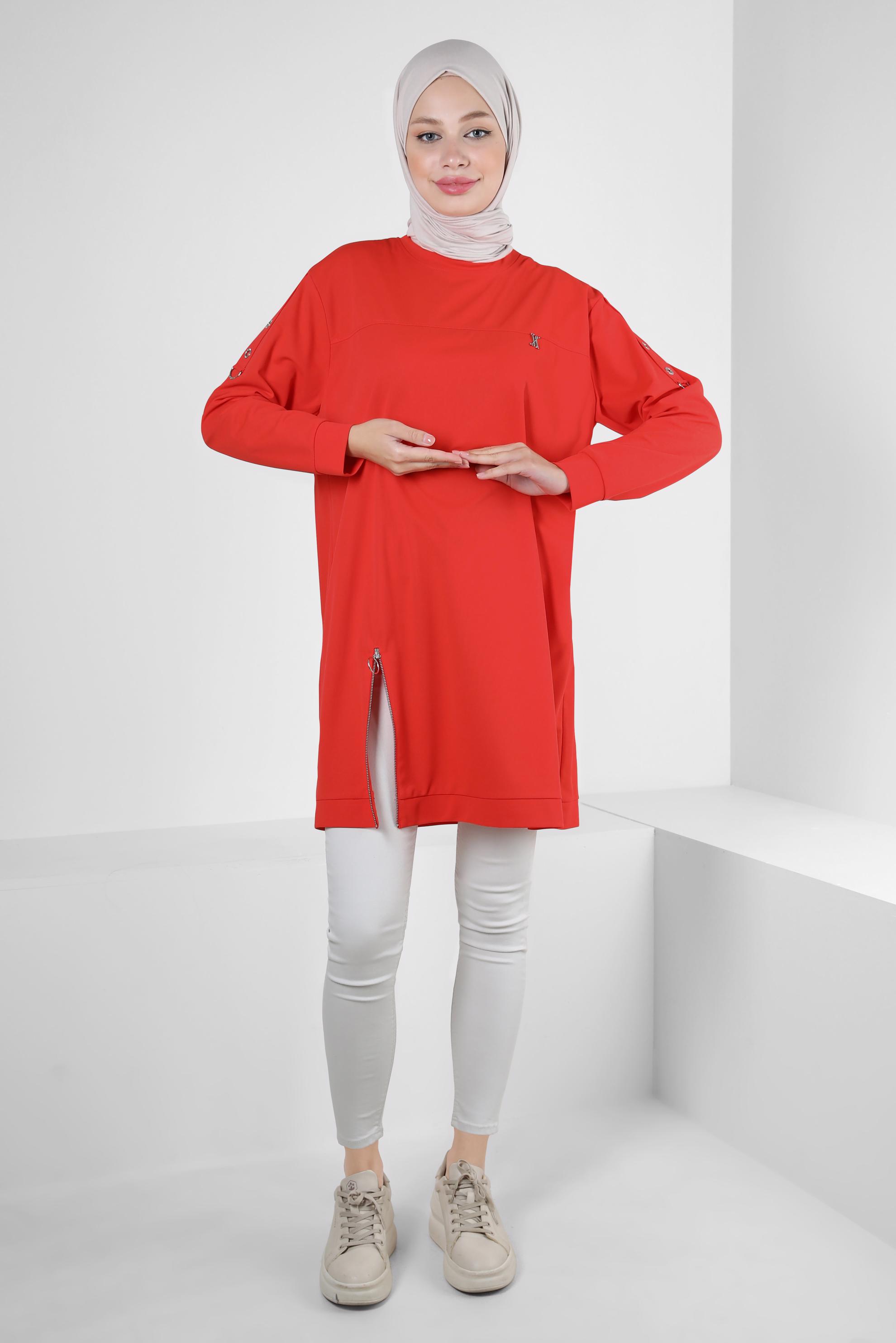 Tesettür giyim KIRMIZI FERMUAR DETAYLI BİSİKLET YAKA EŞOFMAN TUNİK 43852