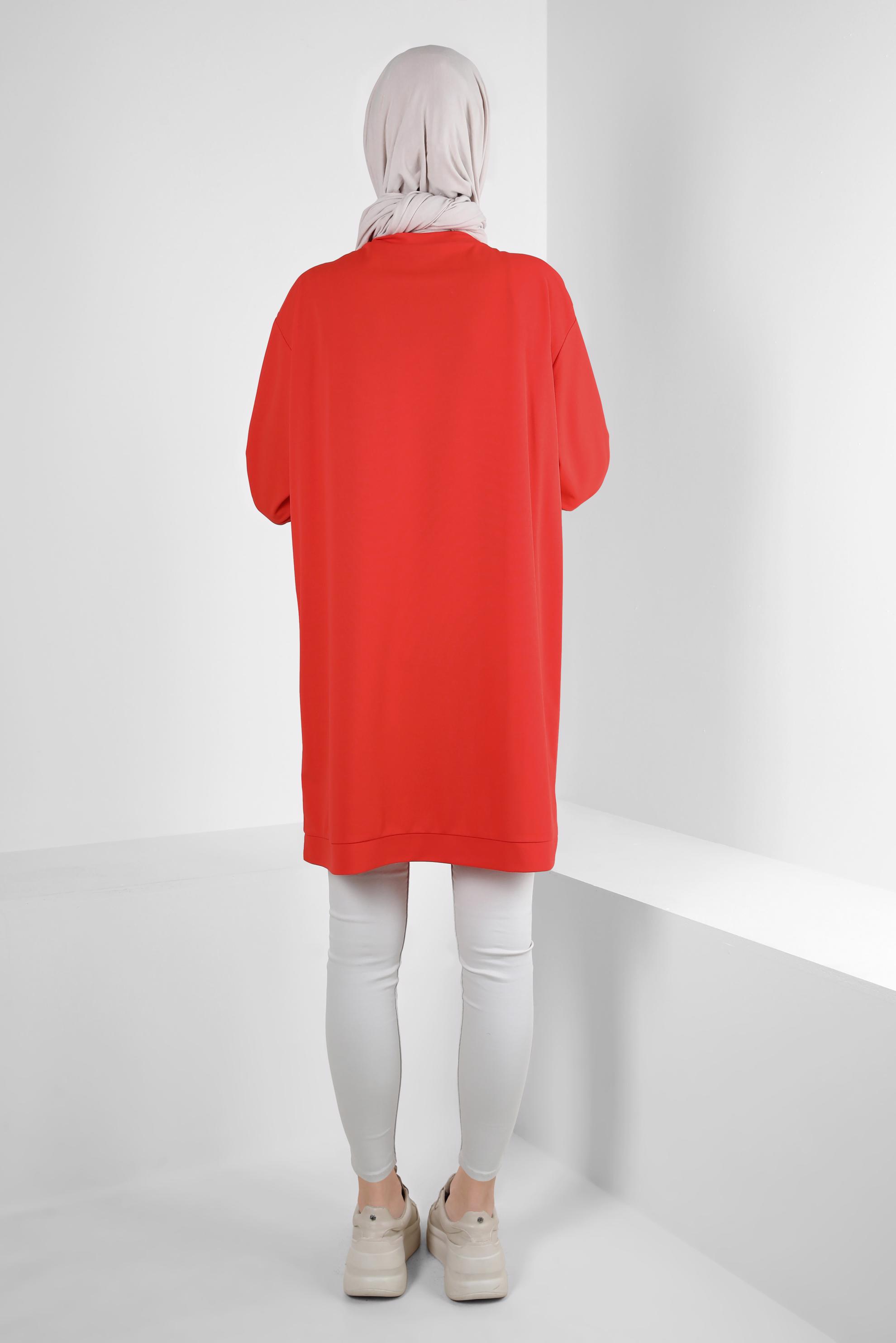 Tesettür giyim KIRMIZI FERMUAR DETAYLI BİSİKLET YAKA EŞOFMAN TUNİK 43852