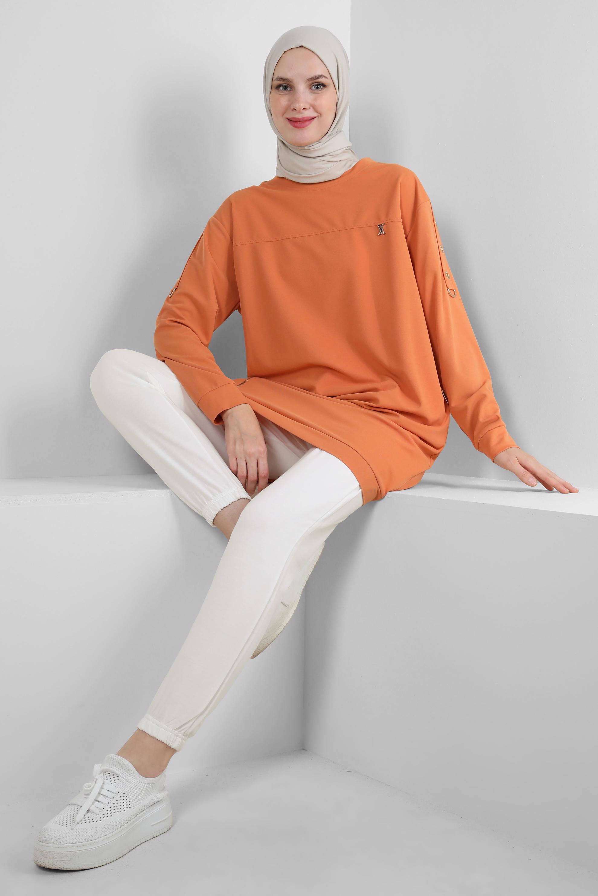 Tesettür giyim TURUNCU FERMUAR DETAYLI BİSİKLET YAKA EŞOFMAN TUNİK 43852