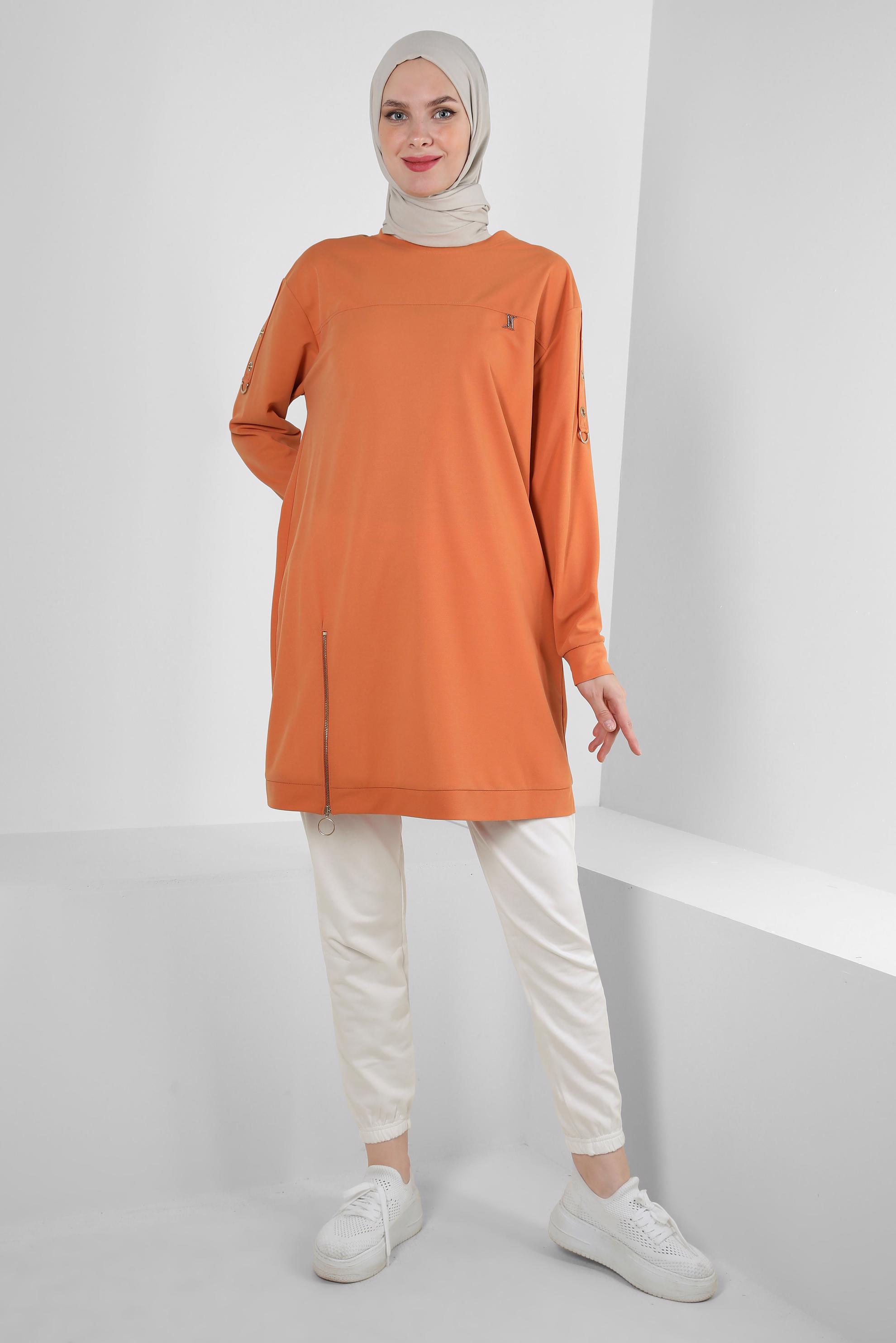Tesettür giyim TURUNCU FERMUAR DETAYLI BİSİKLET YAKA EŞOFMAN TUNİK 43852