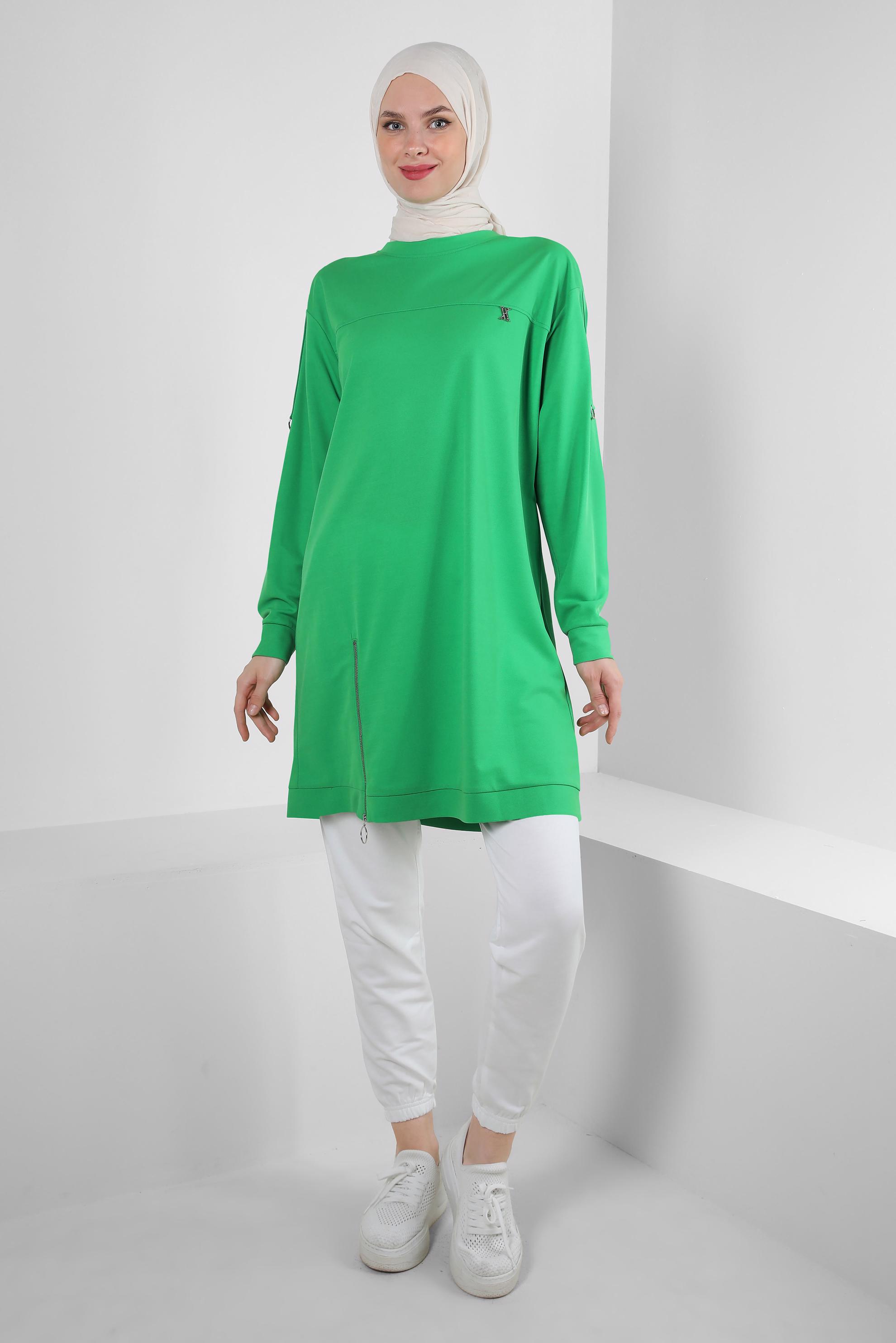 Tesettür giyim YEŞİL FERMUAR DETAYLI BİSİKLET YAKA EŞOFMAN TUNİK 43852