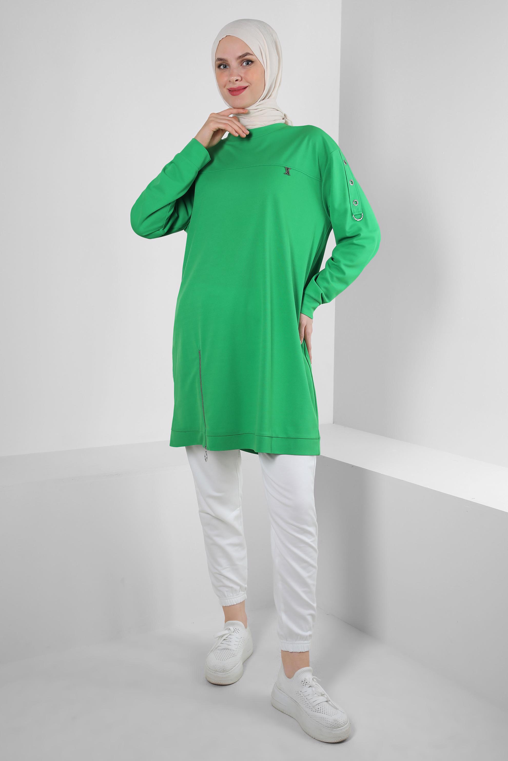 Tesettür giyim YEŞİL FERMUAR DETAYLI BİSİKLET YAKA EŞOFMAN TUNİK 43852