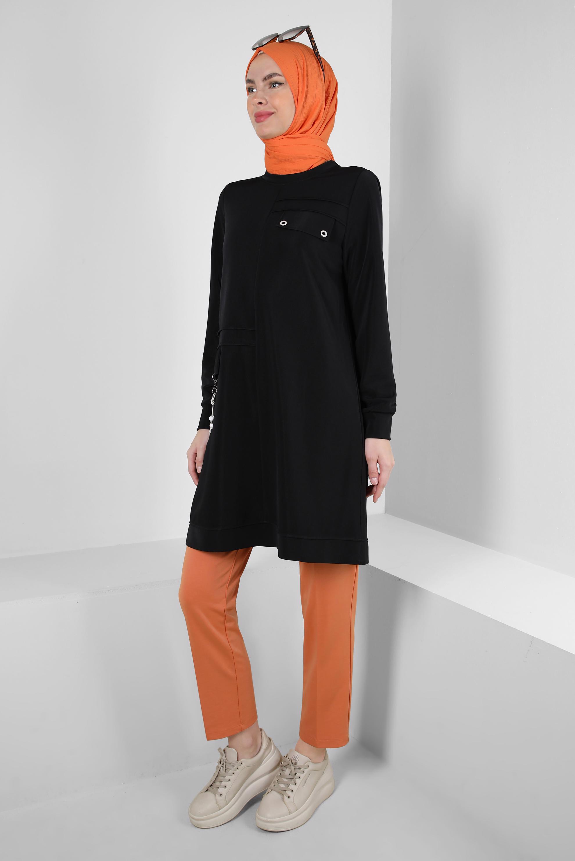 Hijab clothing BLACK EYELET DETAIL CREW NECK TRACKSUIT TUNIC 43853